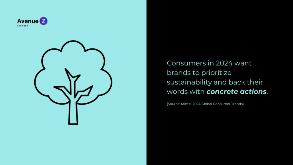 Graphic reading "Consumers in 2024 want brands to prioritize sustainability and back their words with concrete actions.(Source: Mintel 2024 Global Consumer Trends)"