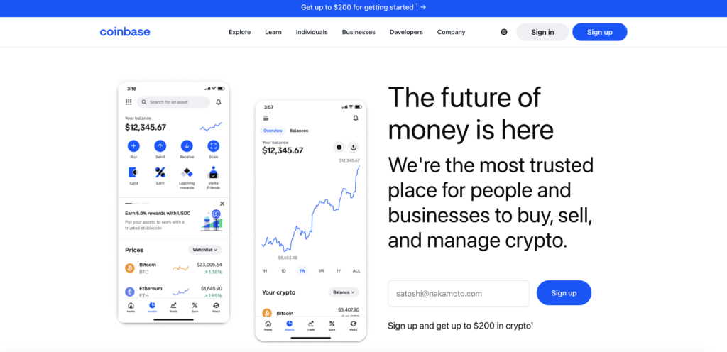 Screenshot of Coinbase's website