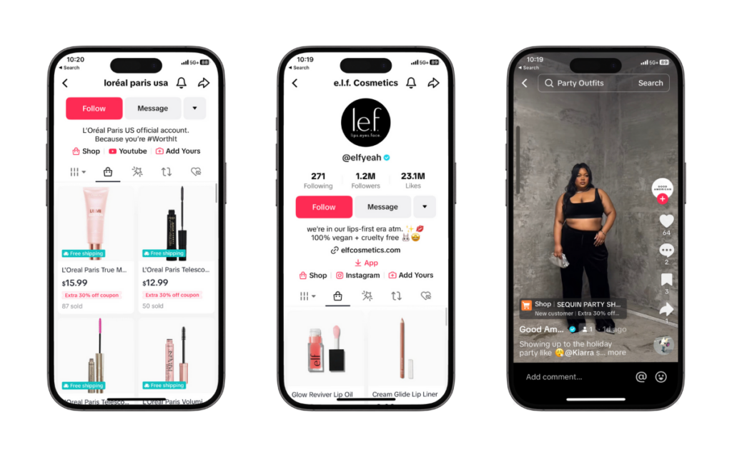 Three smartphones displaying different social media profiles and content related to beauty and fashion, including cosmetics branding and a fashion outfit post.

