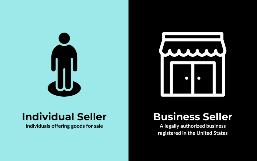 Two icons on a blue background. The left icon shows a simplified black figure of a person with the label "Individual Seller" and a subtitle "Individuals offering goods for sale". The right icon features a white outline of a storefront with the label "Business Seller" and a subtitle "A legally authorized business registered in the United States".