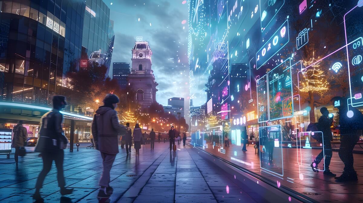 A city street at dusk, with people walking along wet pavement. The scene blends traditional architecture, including a clock tower, with modern elements like glass buildings. Digital interfaces and holographic icons are superimposed over the scene, creating a futuristic atmosphere. Lights from buildings and decorations illuminate the area, adding a warm glow.