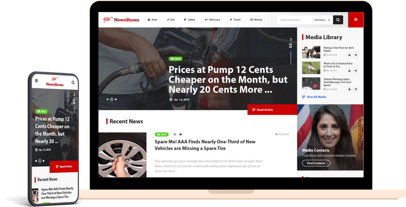 custom-website-solutions  A comparison image showing the responsive design of the AAA NewsRoom website on both a laptop and a smartphone.