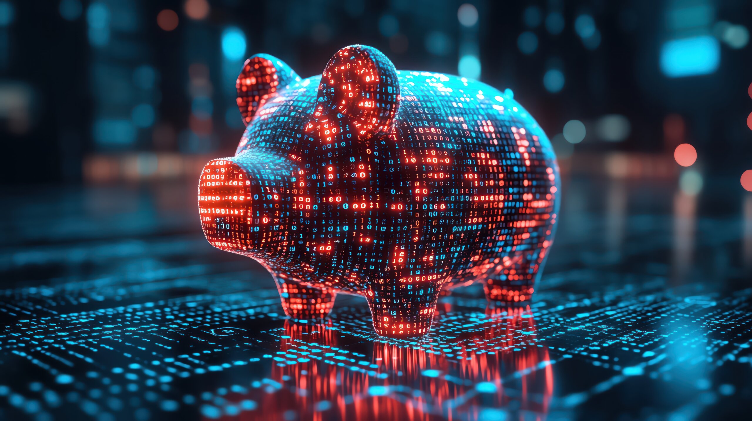 Digital piggy bank made of binary code, glowing blue, representing fintech