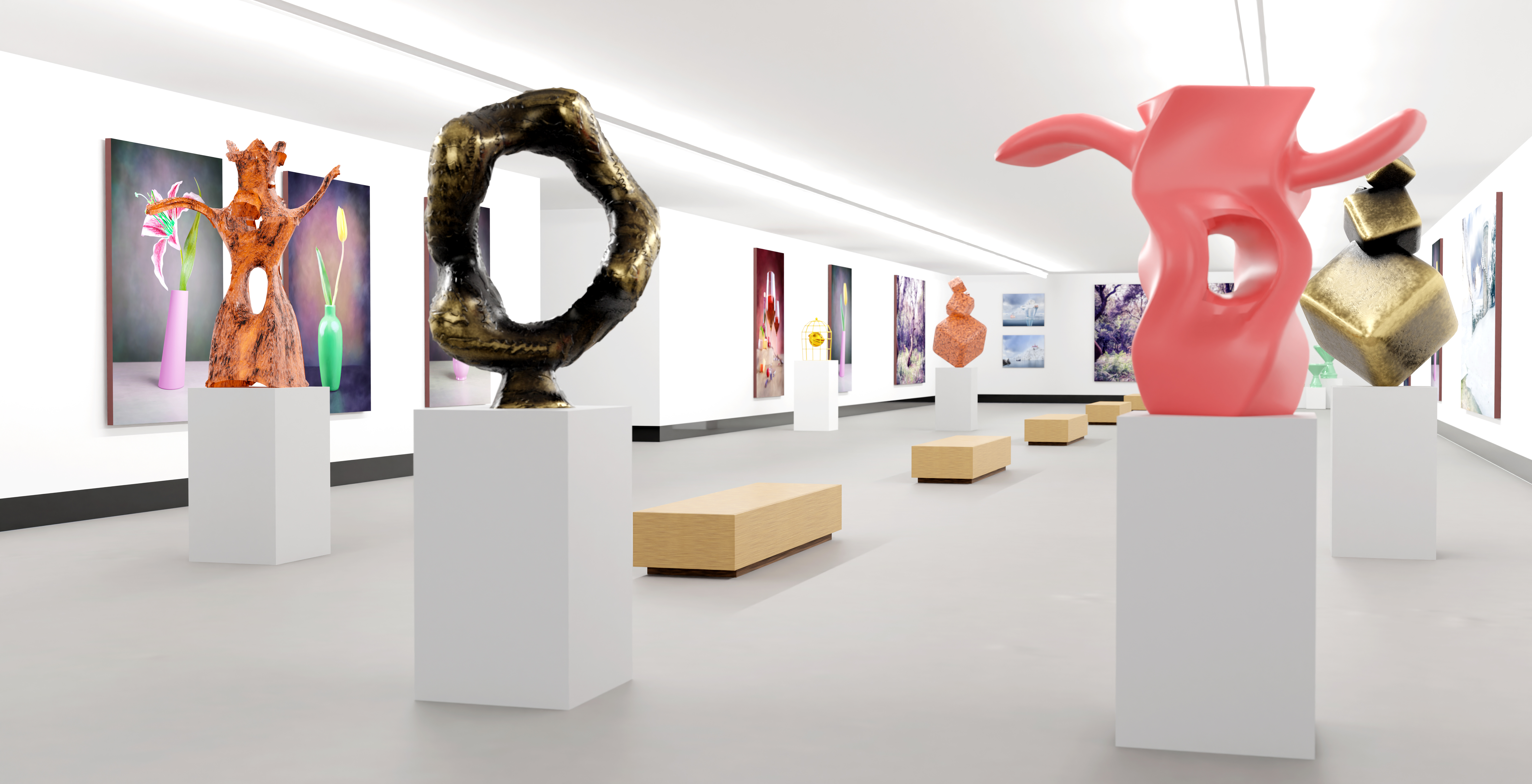 An art gallery with canvas and plastics, 3D illustration