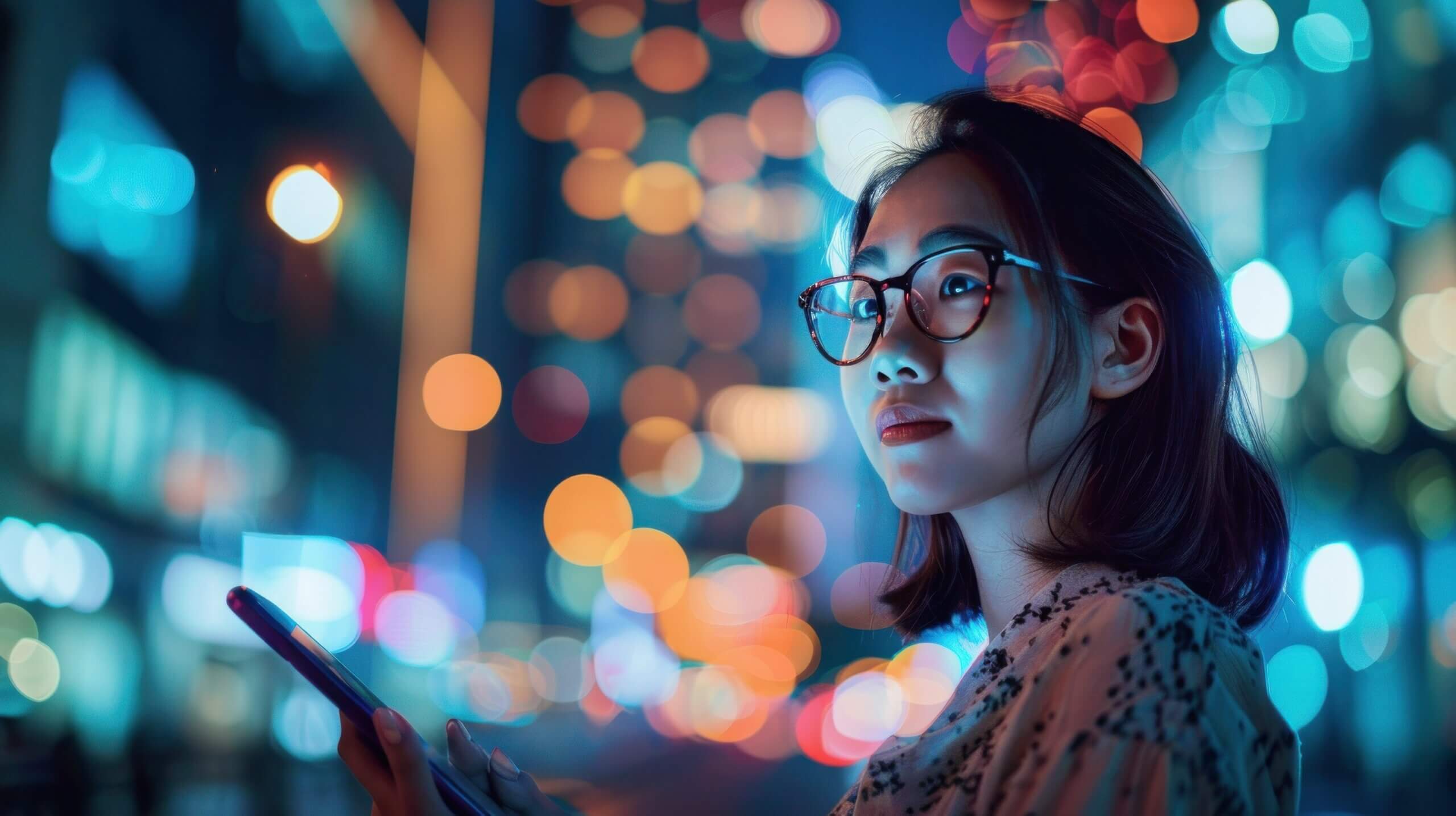 Woman on smartphone with city lights behind her.