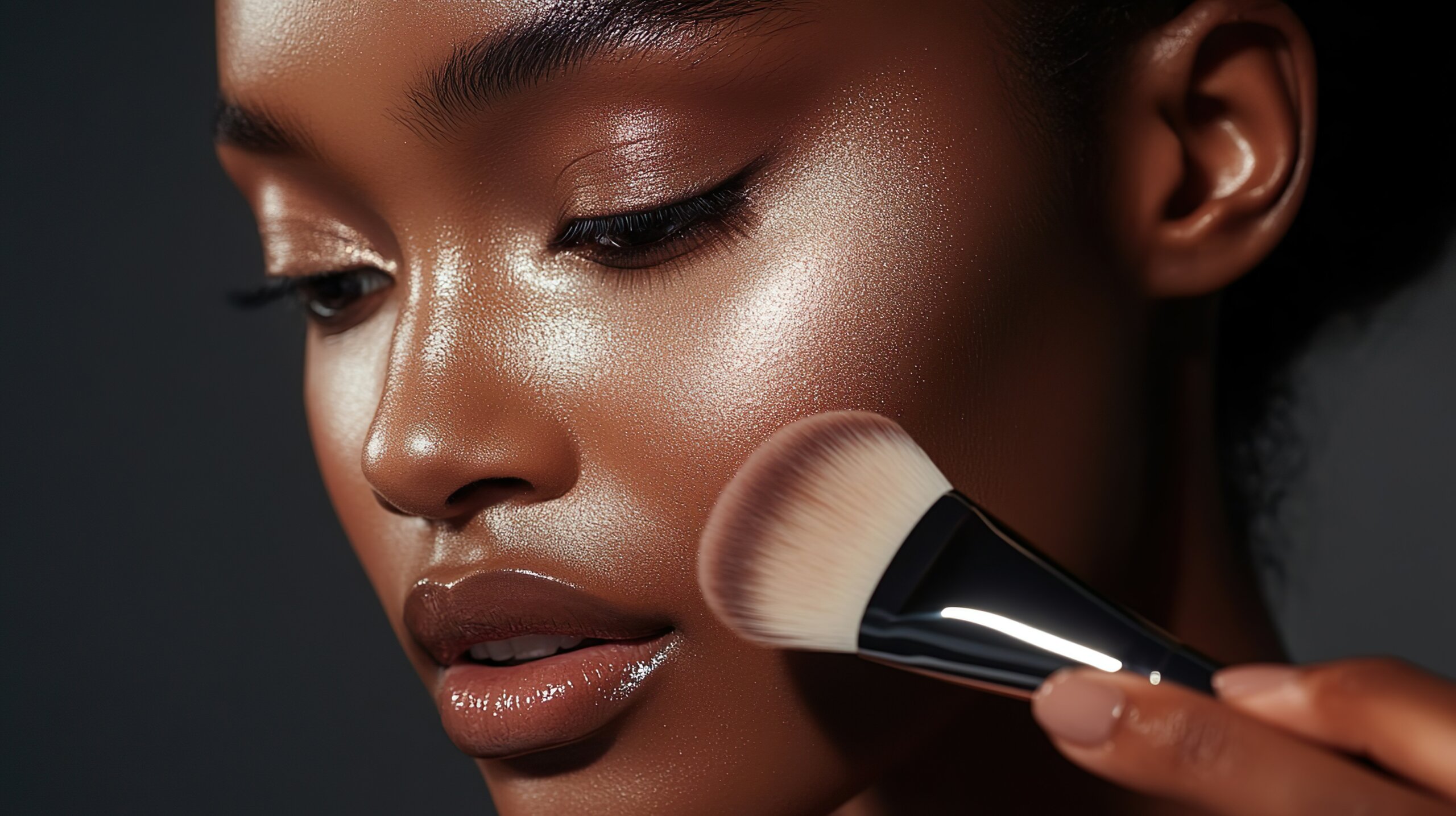 Close-up of a model’s face with glowing dewy skin and a makeup brush