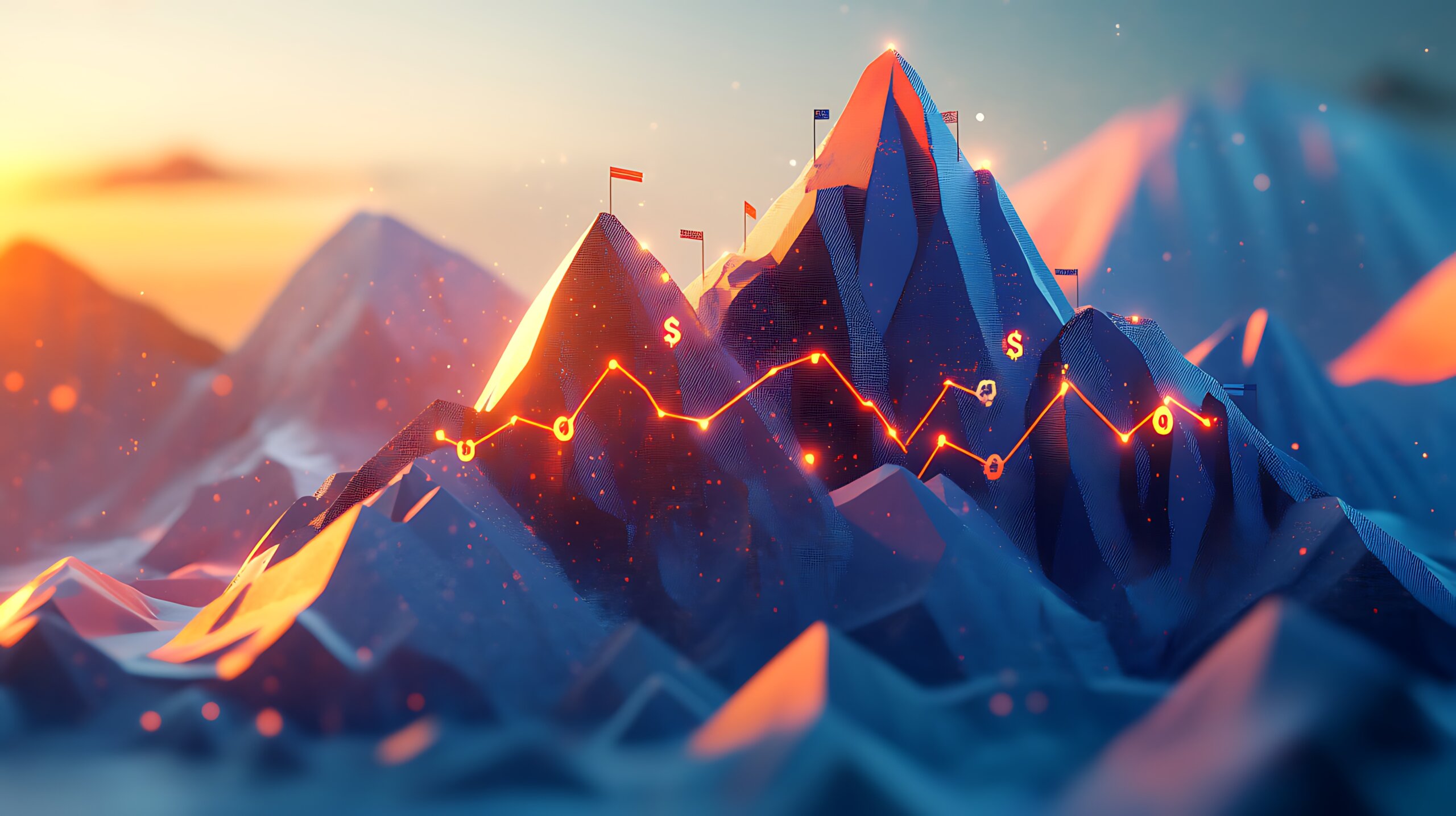 A stylized mountain graph in 3D, investors ascending with flags and gear, glowing arrows and financial symbols embedded into the mountain, dynamic lighting from a low sun,