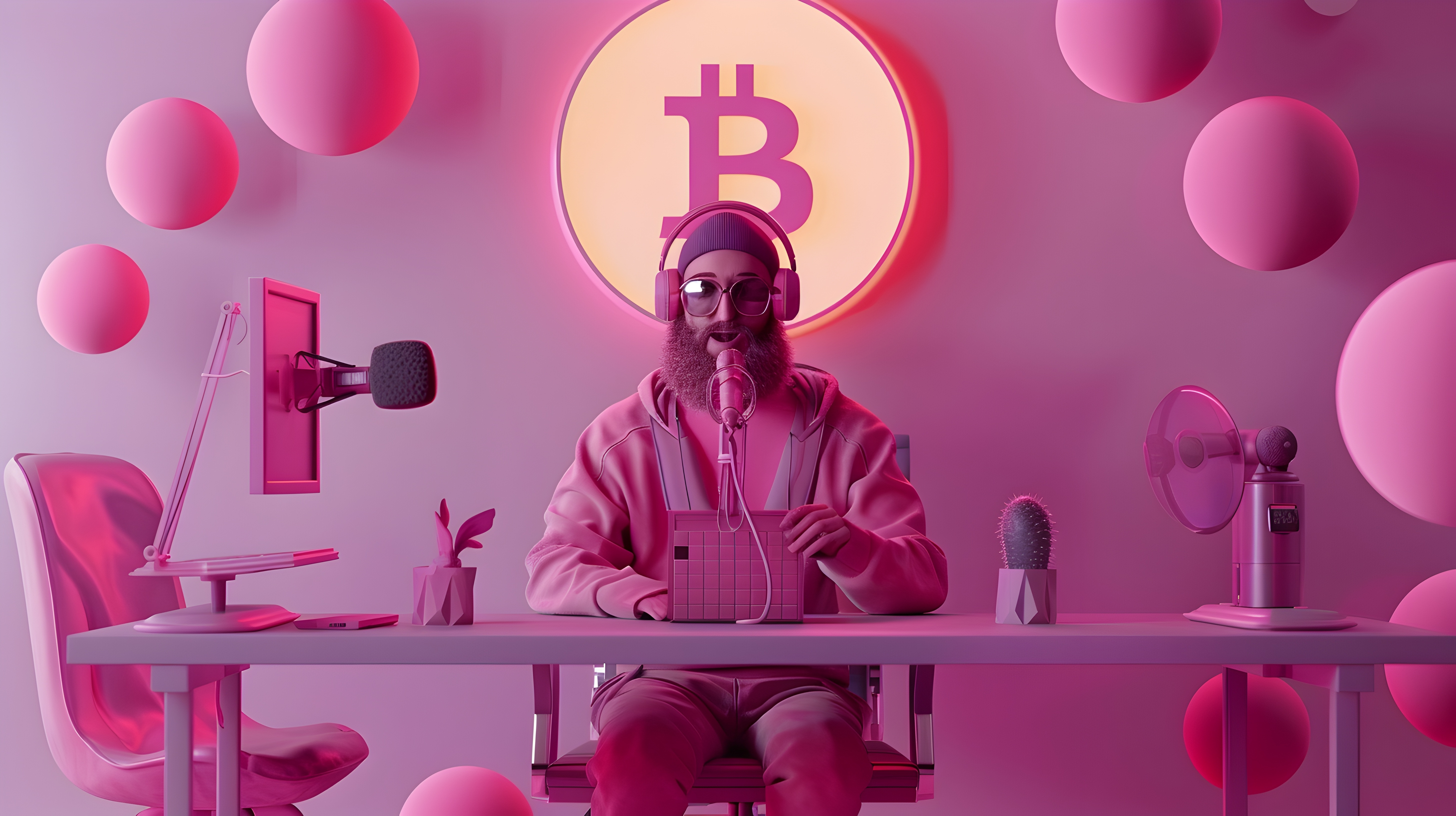 a crypto influencer recording a podcast in a futuristic brightly lit digital studio