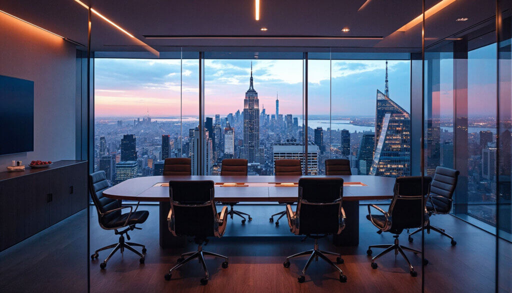 Board room at sunset with view of New York City.