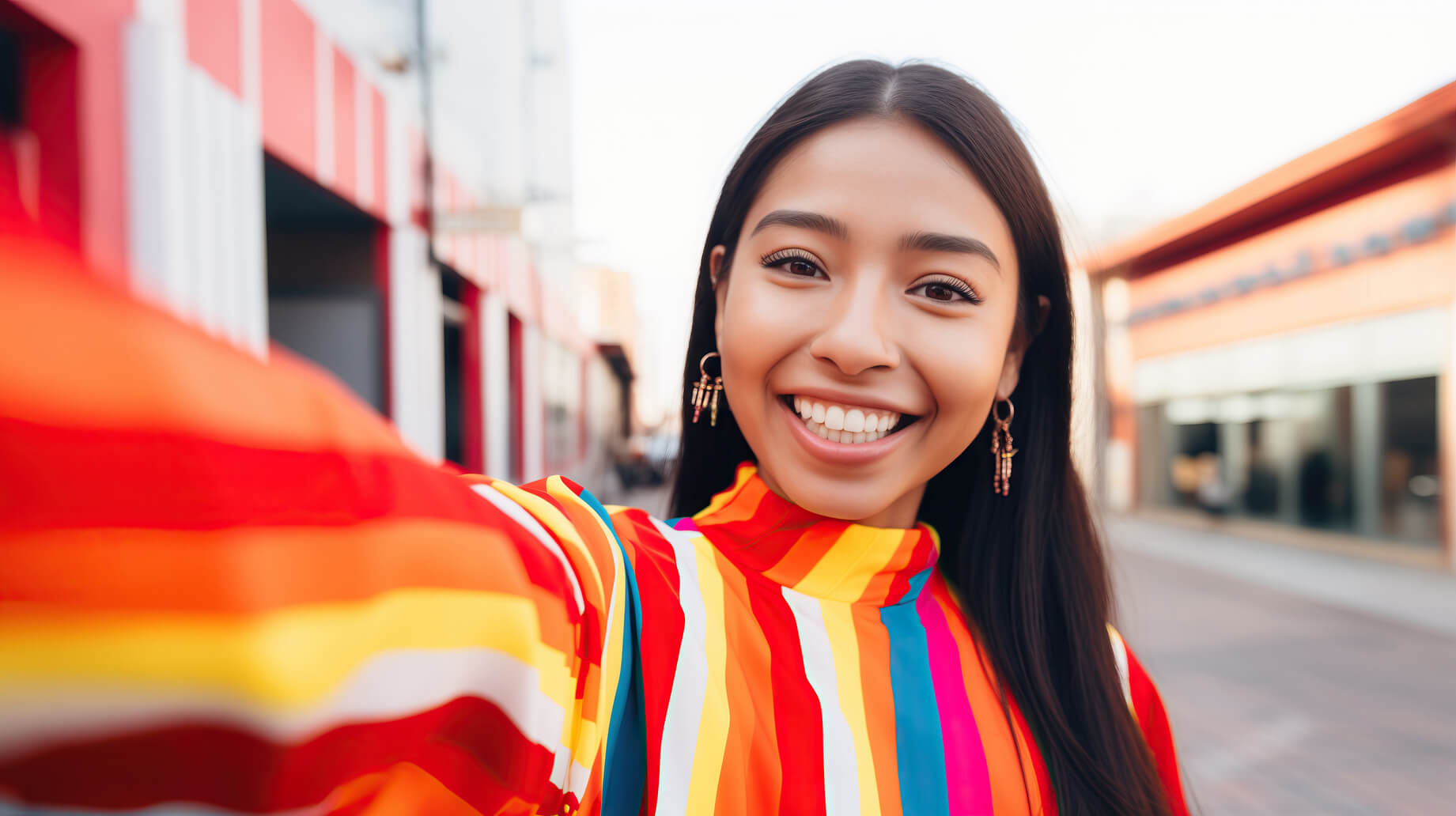 Generative AI-created image of a cheerful young latin woman influencer capturing a selfie with a blurred city background