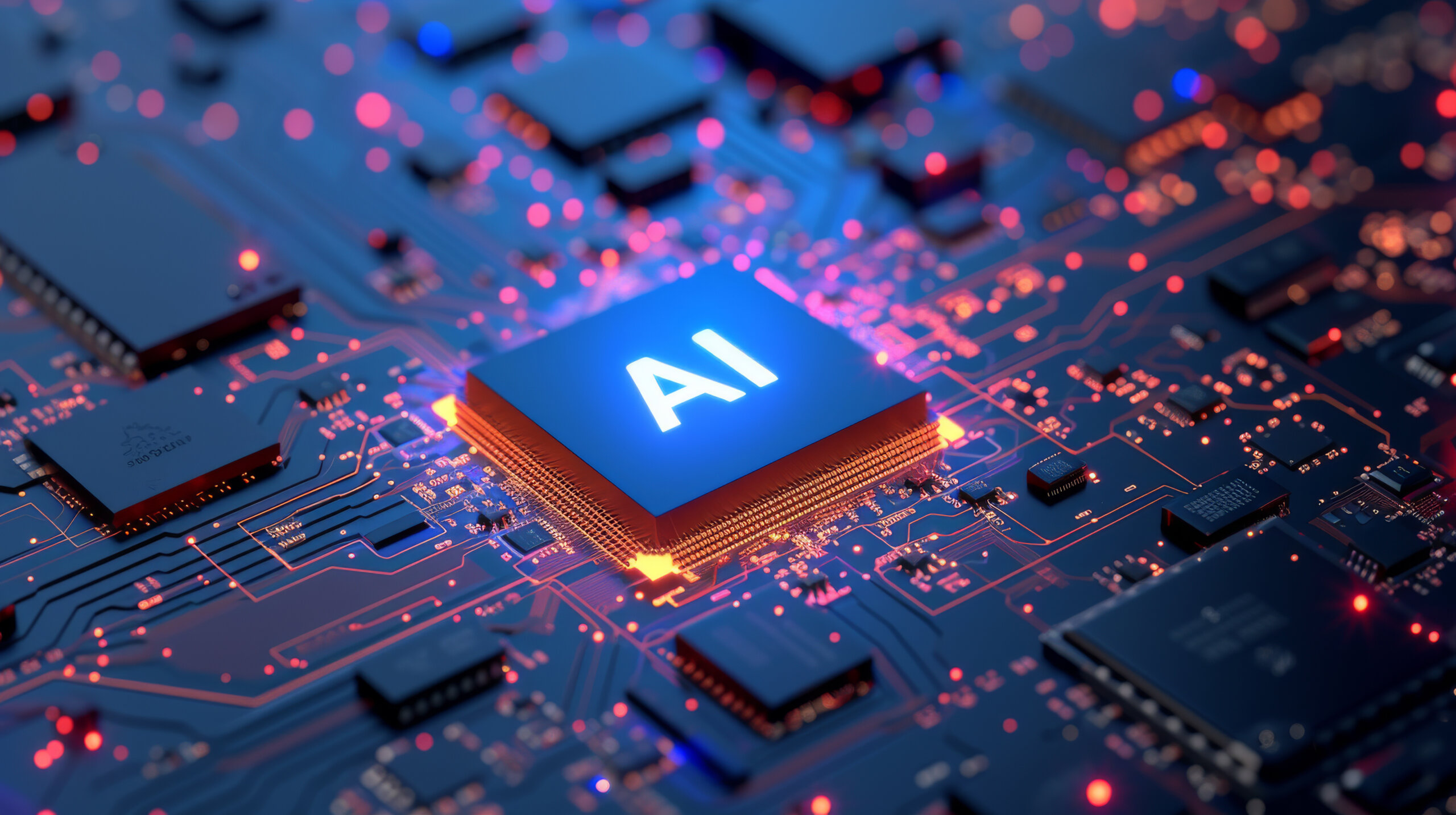 Artificial Intelligence processor unit. Powerful Quantum AI component on PCB motherboard with data transfers. with font "AI" on chipset