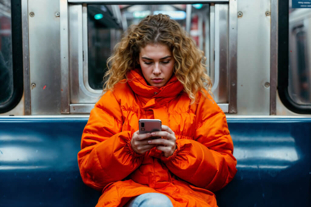 A young woman is engrossed in her mobile phone while seated in a subway train, highlighting a common urban commuting scene. Generative AI.