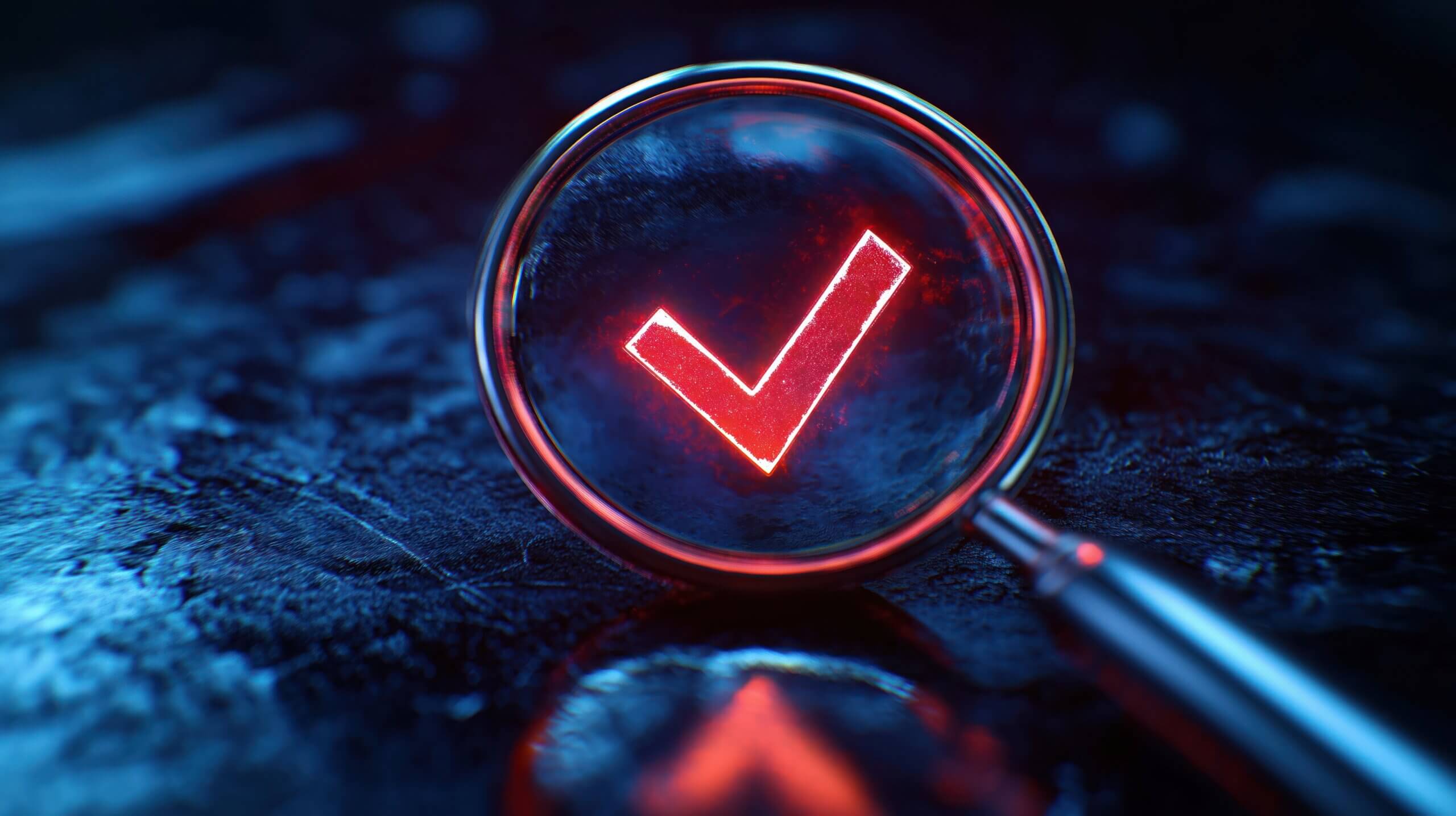 Magnifying glass shows glowing red checkmark on dark surface. Quality control, validation concept. Image useful for illustrating assurance, standardization, certification. Compliance with law