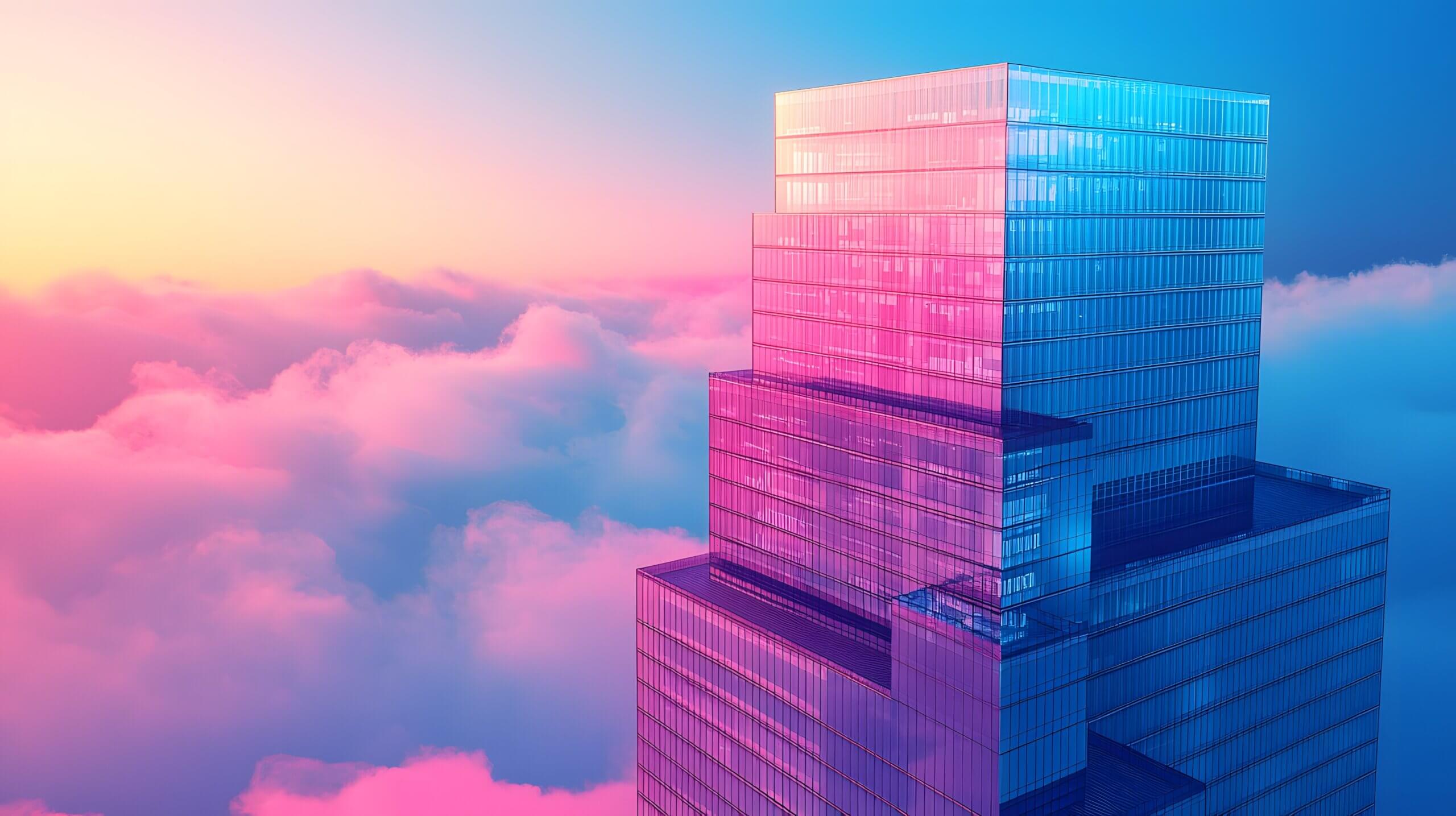 Futuristic multi layered portfolios depicted as levels of a financial skyscraper towering against a vibrant gradient sunset skyline with clouds Conceptual image representing the growth investment