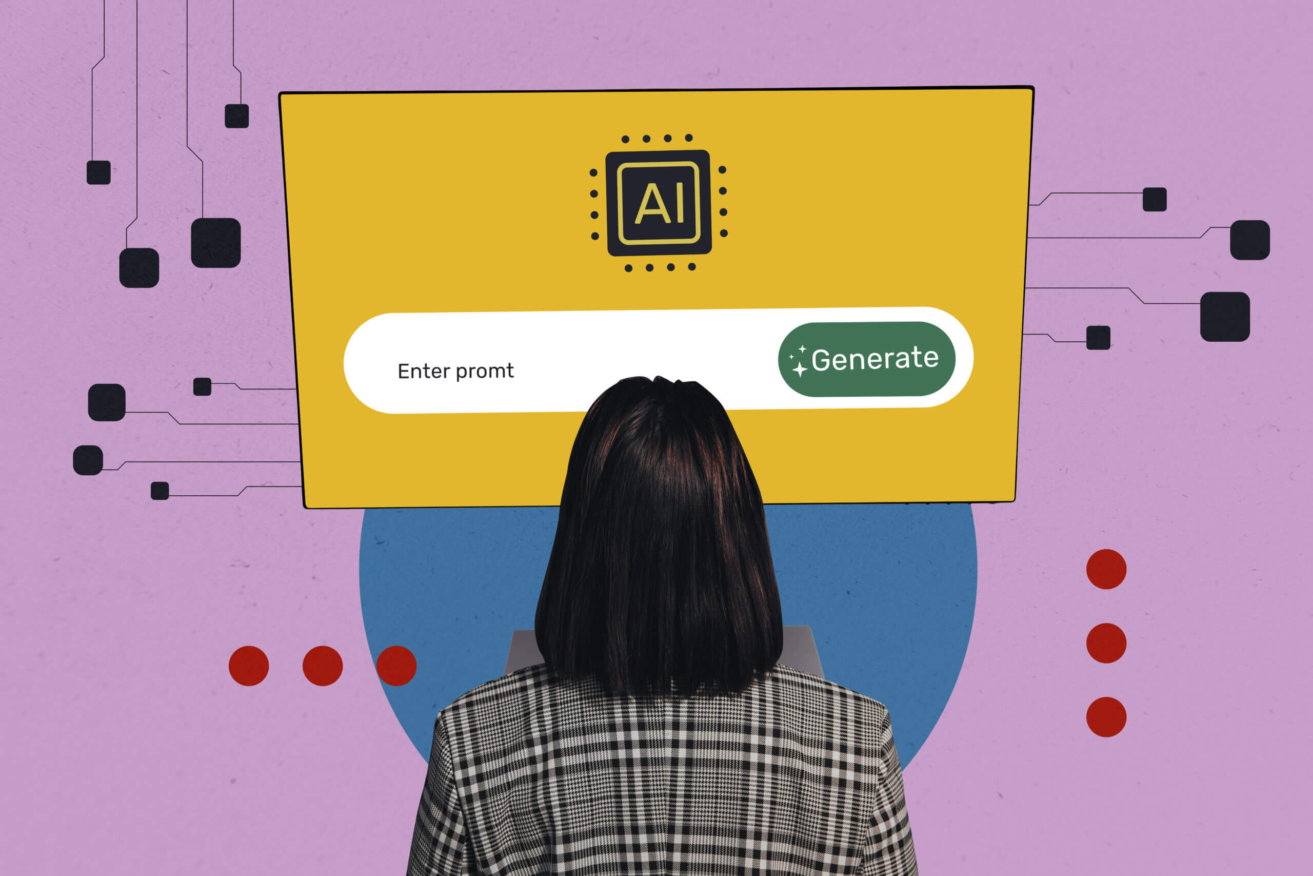 Composite trend artwork sketch image collage of businesswoman young lady work internet webpage ai bot generate data simulation technology.