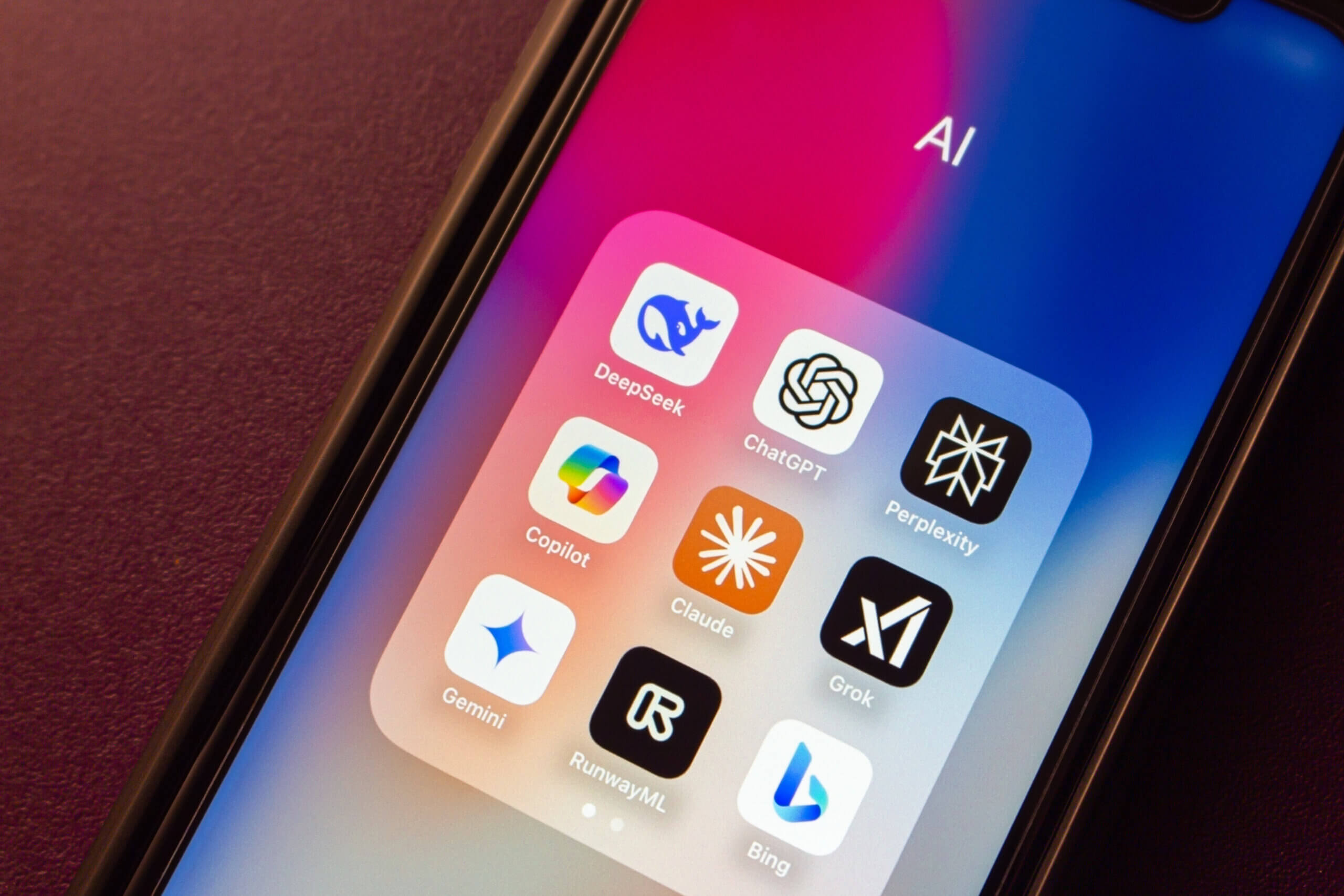 Mexico City, MEXICO - Jan 28 2025 : DeepSeek, ChatGPT, Perplexity, Copilot, Claude, Grok, Gemini, Runway ML and Bing icons are displayed on an iPhone. DeepSeek AI and Major AI services concept image.