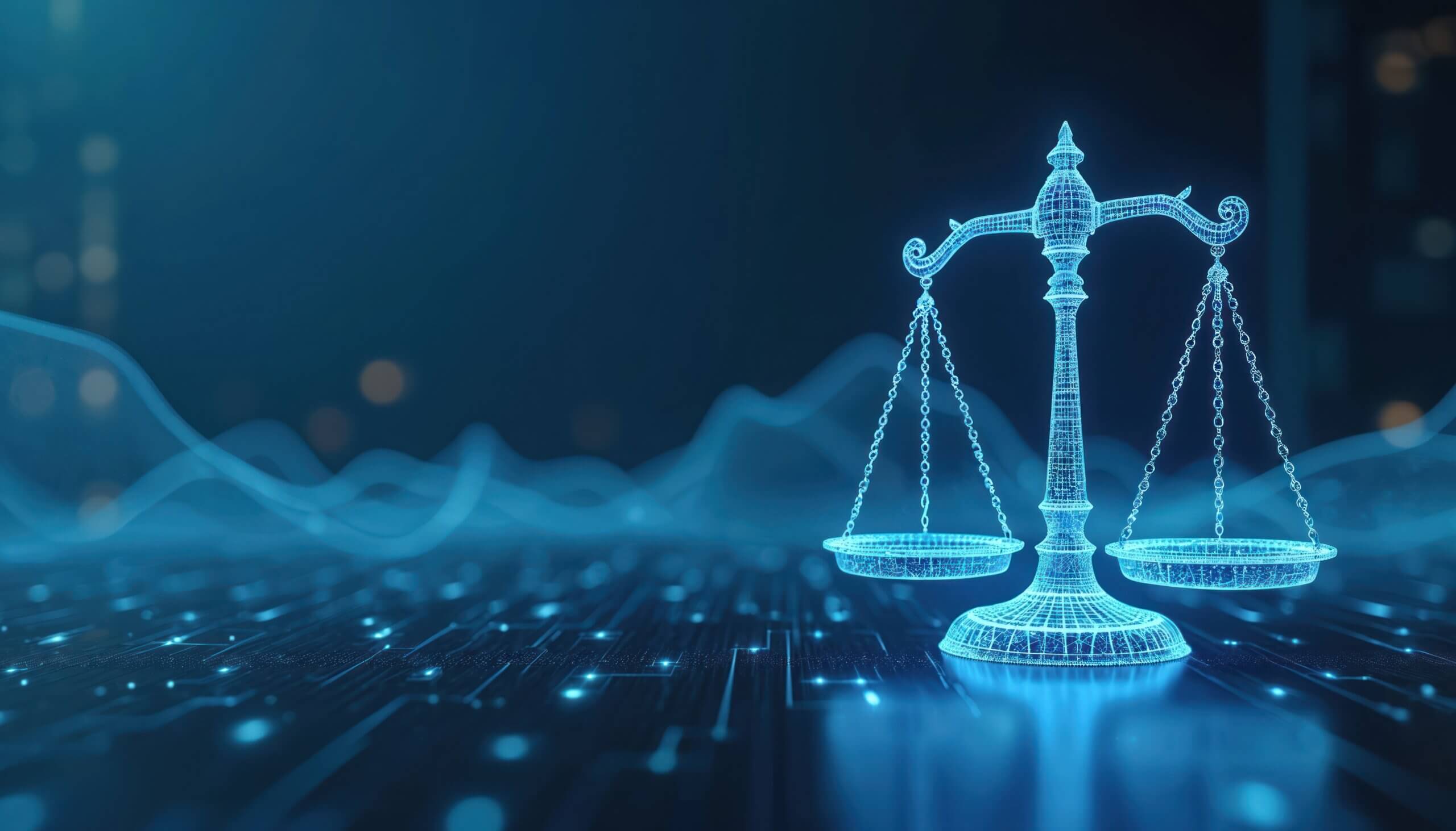 Digital balancing scale justice fairness in modern technology environment. Holographic scales balance on illuminated datum background of ai circuitry. Innovation concept in abstract futuristic