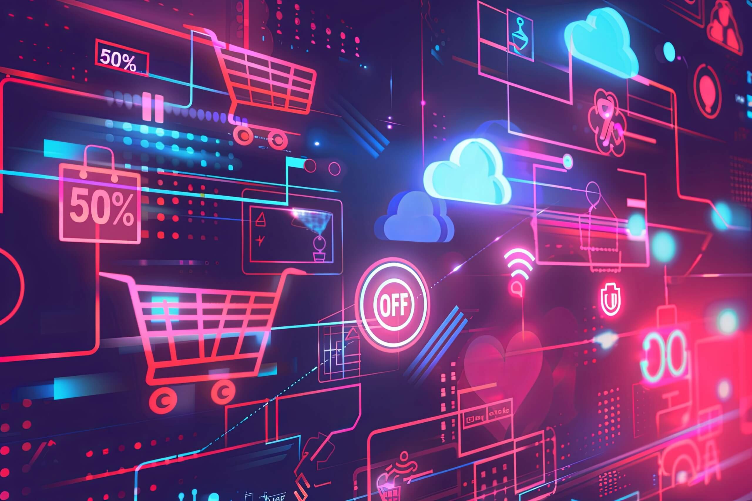 An abstract digital background featuring shopping carts, product icons, and the text 50 OFF against a futuristic, neon-lit backdrop.