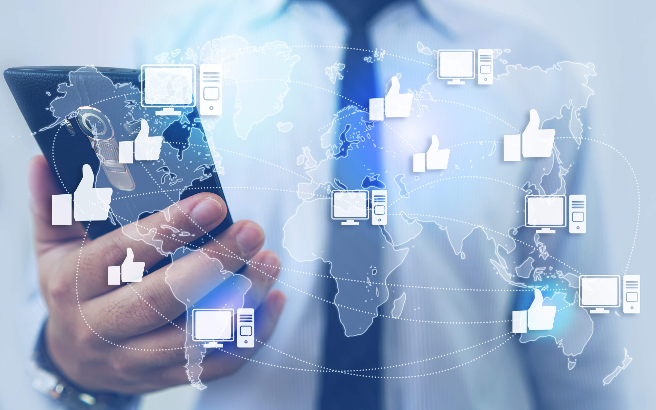 Hand holding phone with global like icons and network overlay.