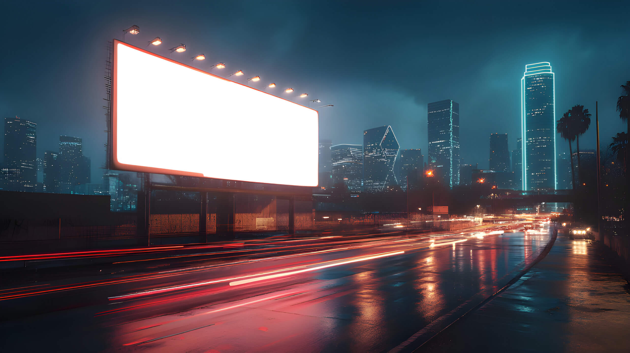 Neon-lit Dallas skyline with blank billboard.
