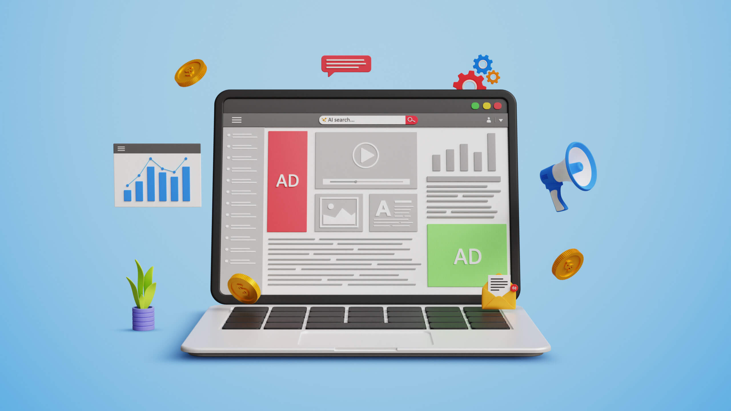 Digital marketing, web traffic research and performance, PPC concept. Online promotion, paid campaign, customer retention. Ads marketing on a web page. 3D illustration