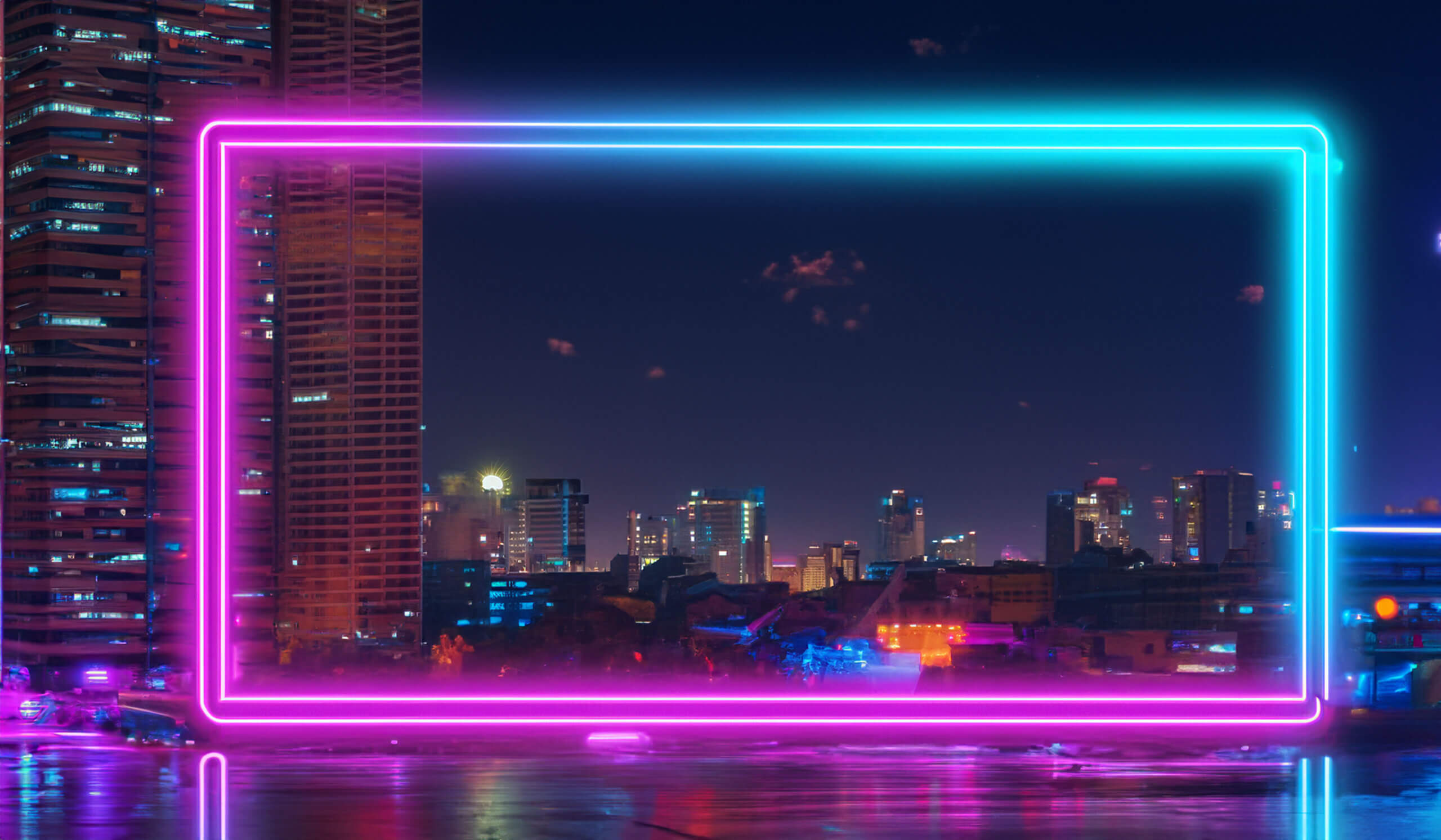 Neon cityscape with glowing frame overlay.