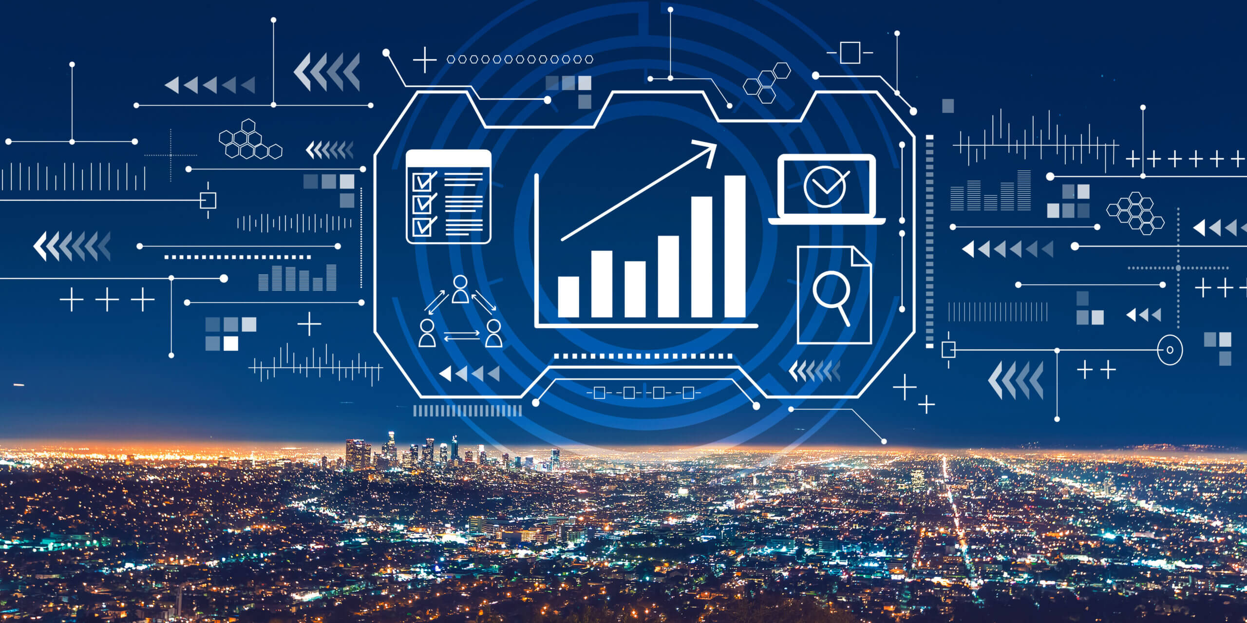 City skyline with futuristic data graphics.