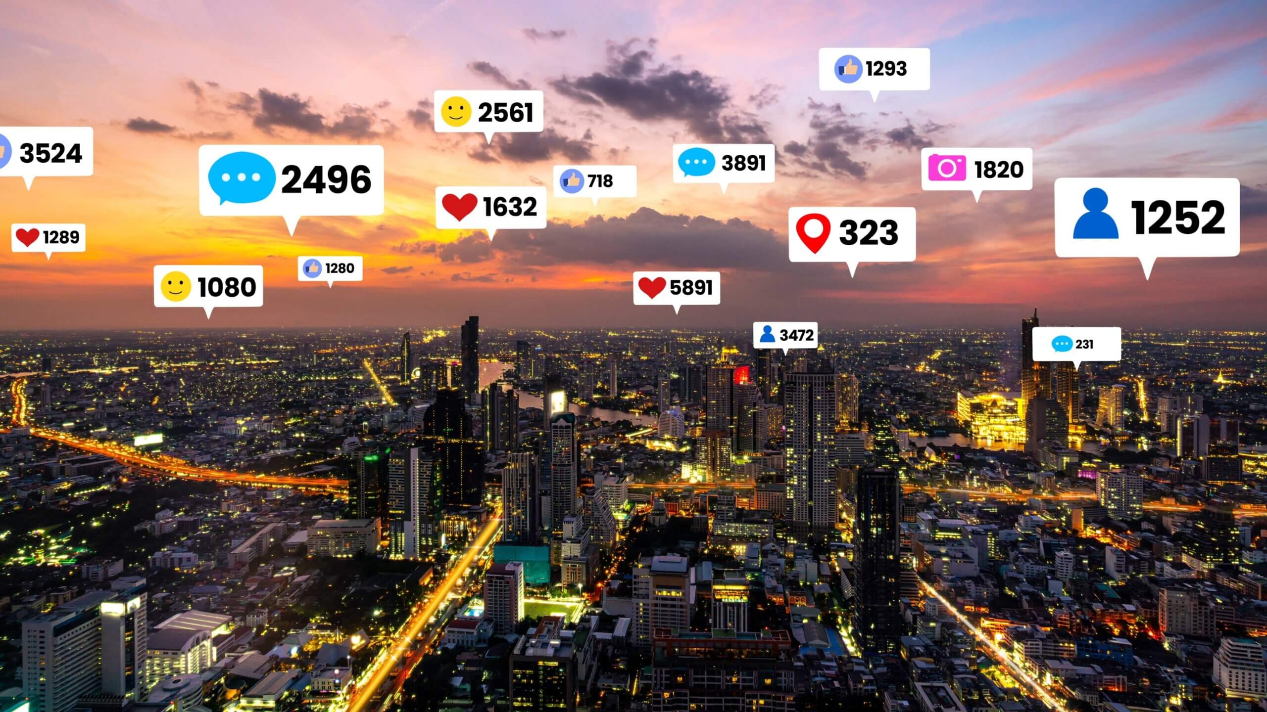 City skyline buzzing with digital engagement.