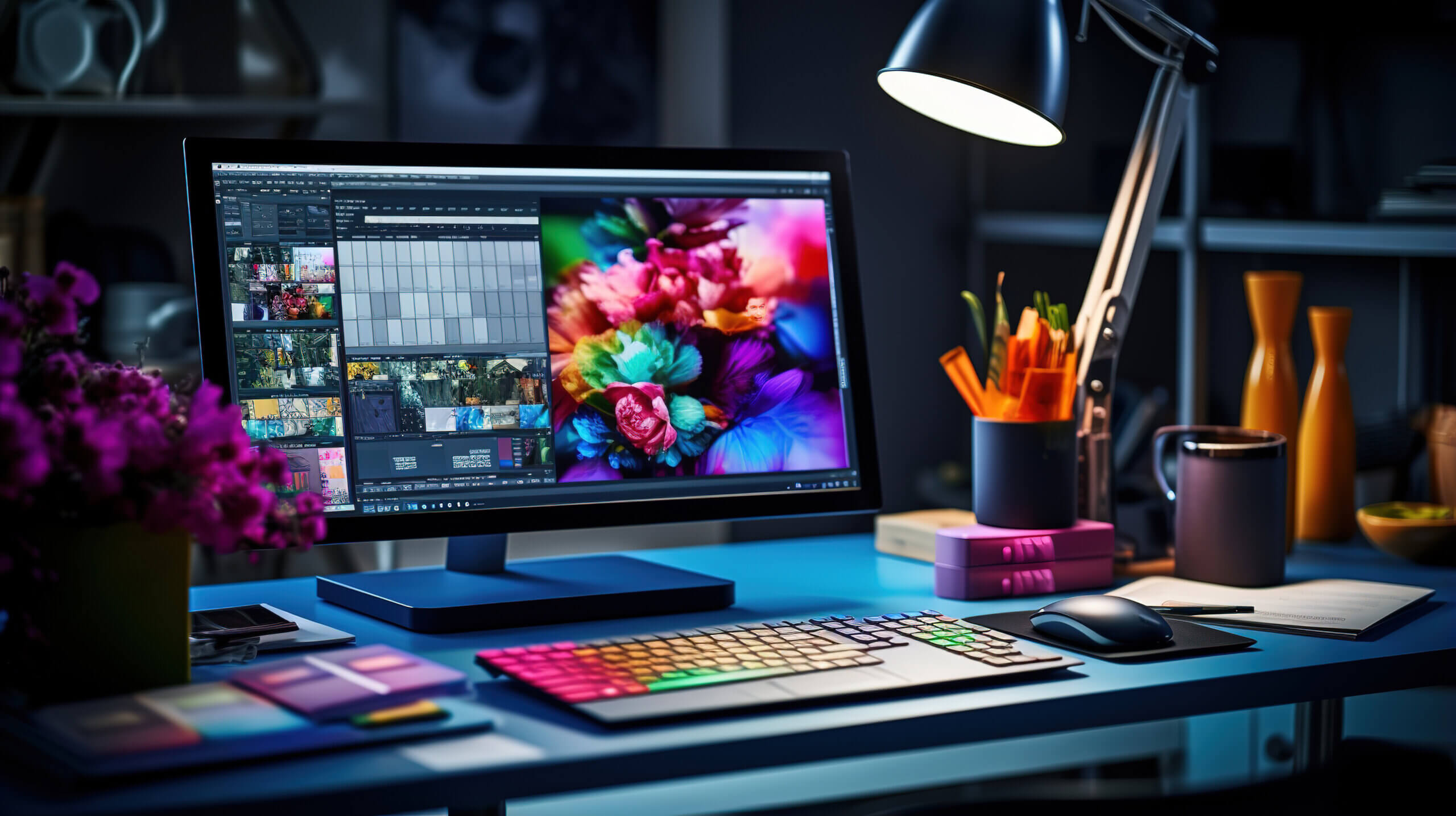 Colorful graphic design workstation with flowers.