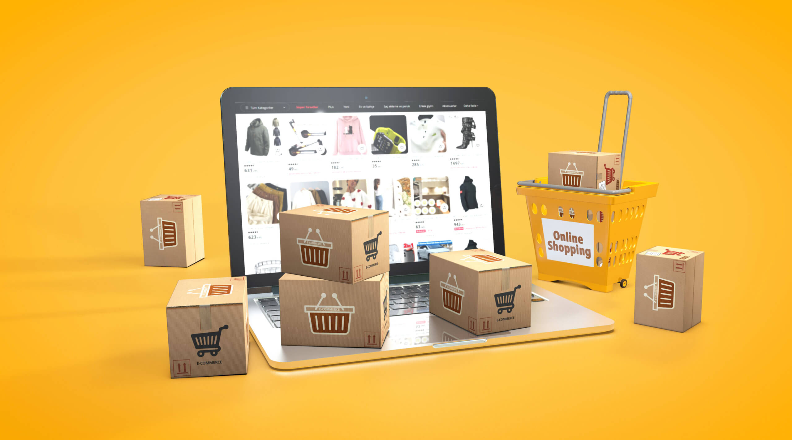 Shopping Concept, Notebook and online Shopping. Online Shopping boxes with text. 3D Render.