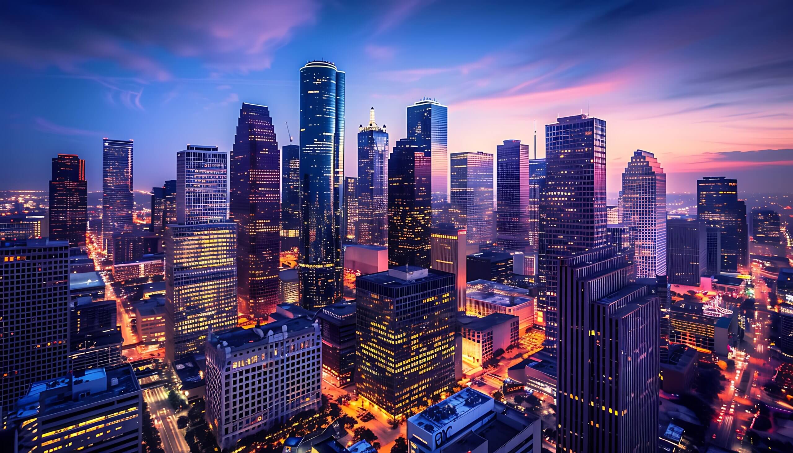 A captivating view of Houston, Texas, USA, downtown skyline at dusk with vibrant city lights reflecting on calm water. Ideal for travel, business, and real estate themes.