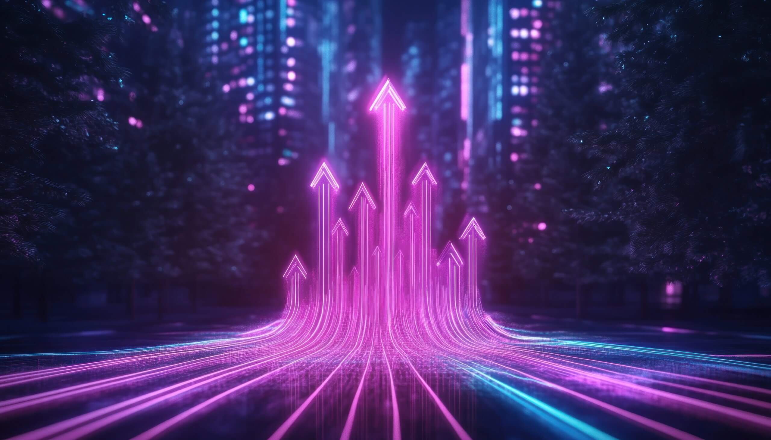 Neon arrows surge upward through forest.