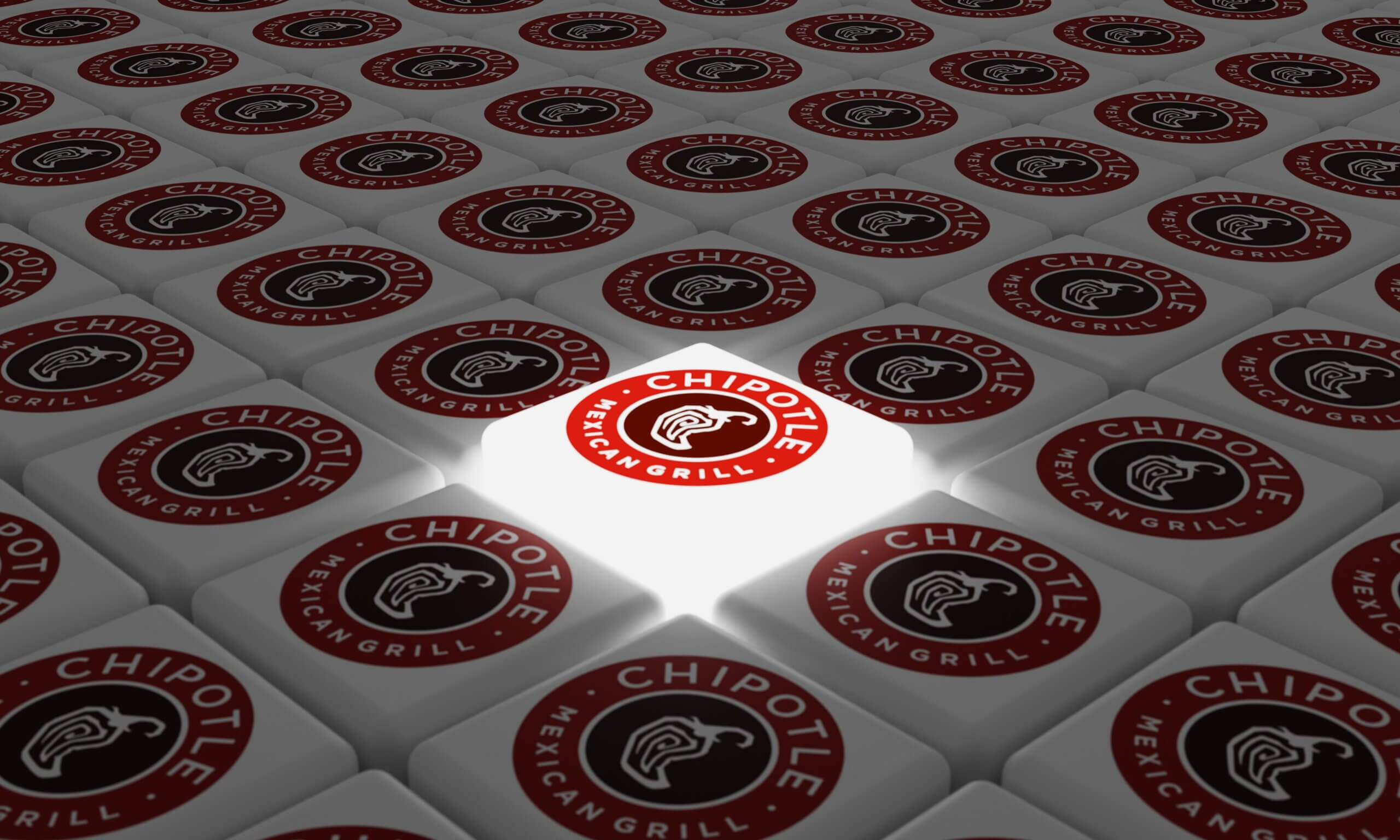 A grid of Chipotle Mexican Grill logos on square tiles, with one tile in the center brightly illuminated, highlighting the red and white logo.