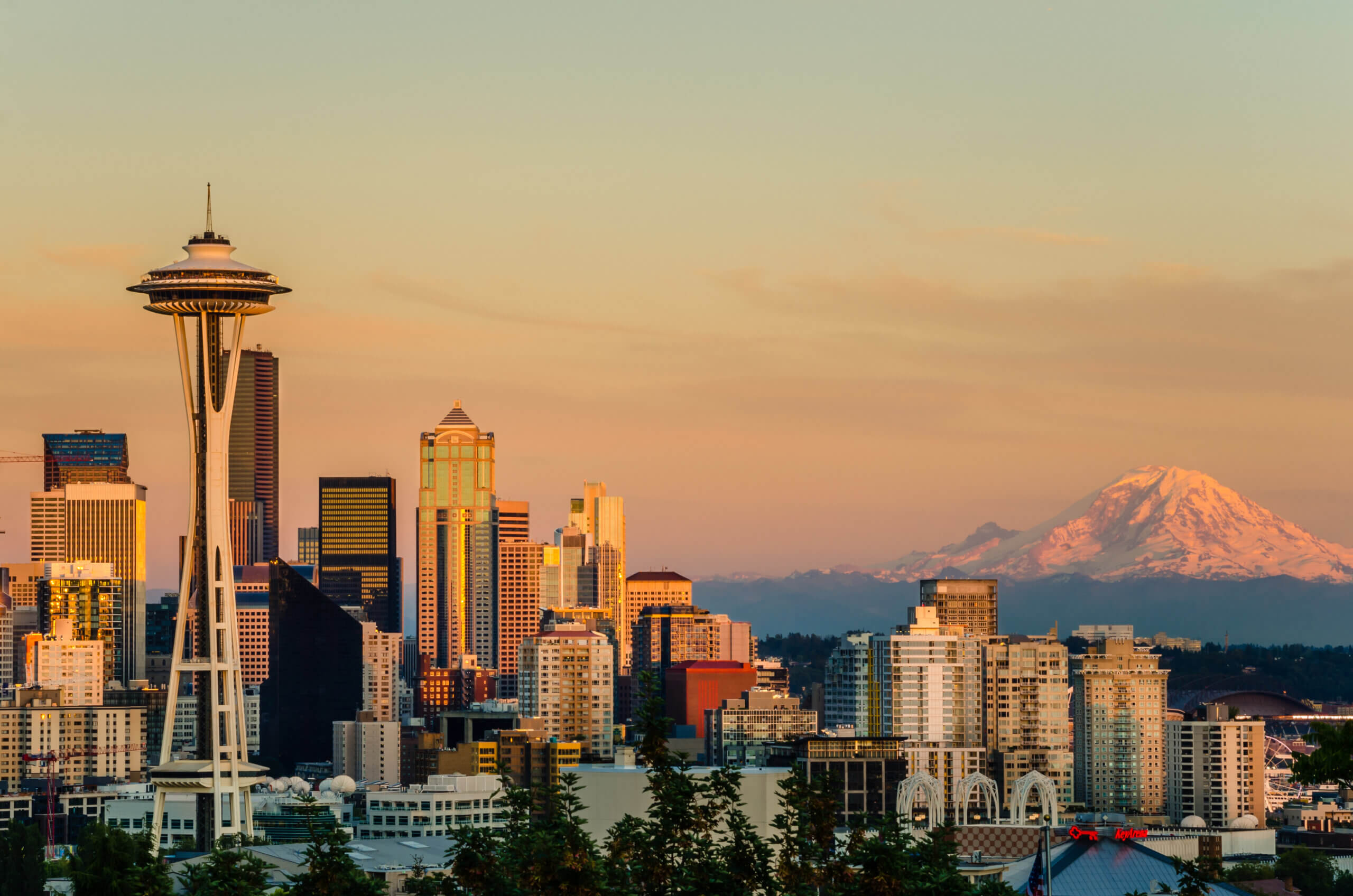 Sunset over Seattle and Mount Rainier