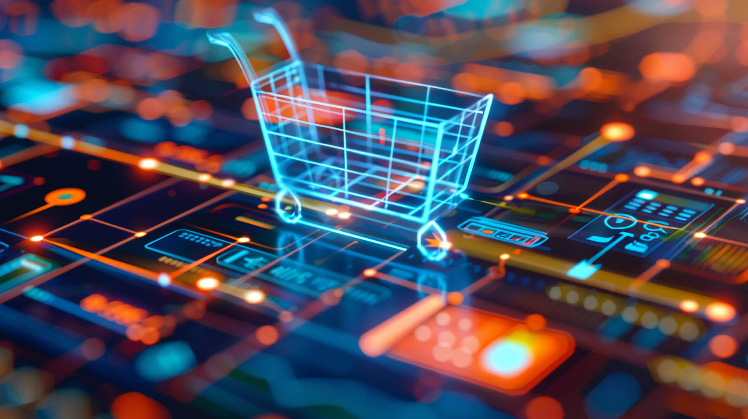 Digital rendering of a glowing, holographic shopping cart icon overlaid on a futuristic, illuminated circuit-board-style interface