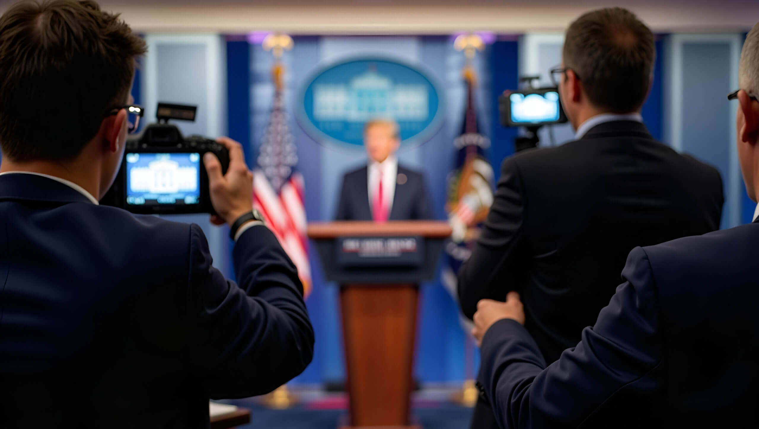 The image shows a press conference scene. In the foreground, two cameramen in suits are filming, their cameras aimed at a speaker. The speaker, standing at a podium, is out of focus in the background. Behind the podium are U.S. flags, the presidential seal, and the White House press briefing room emblem. The image emphasizes the act of recording and media coverage rather than the speaker’s identity.