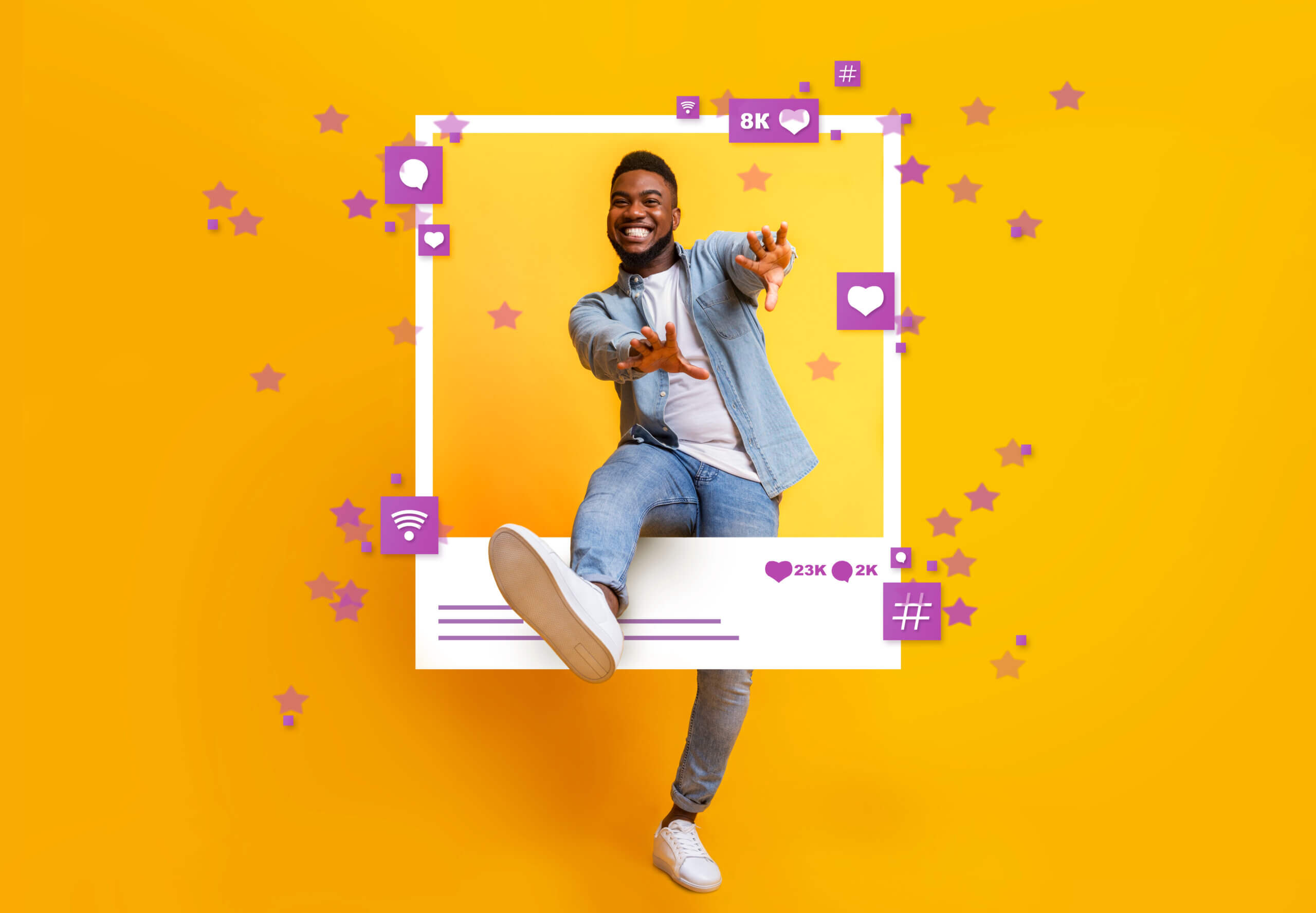 Positive African American guy dancing and jumping out of photo frame over yellow studio background, collage with social media reactions. Concept of blogging and SMM marketing