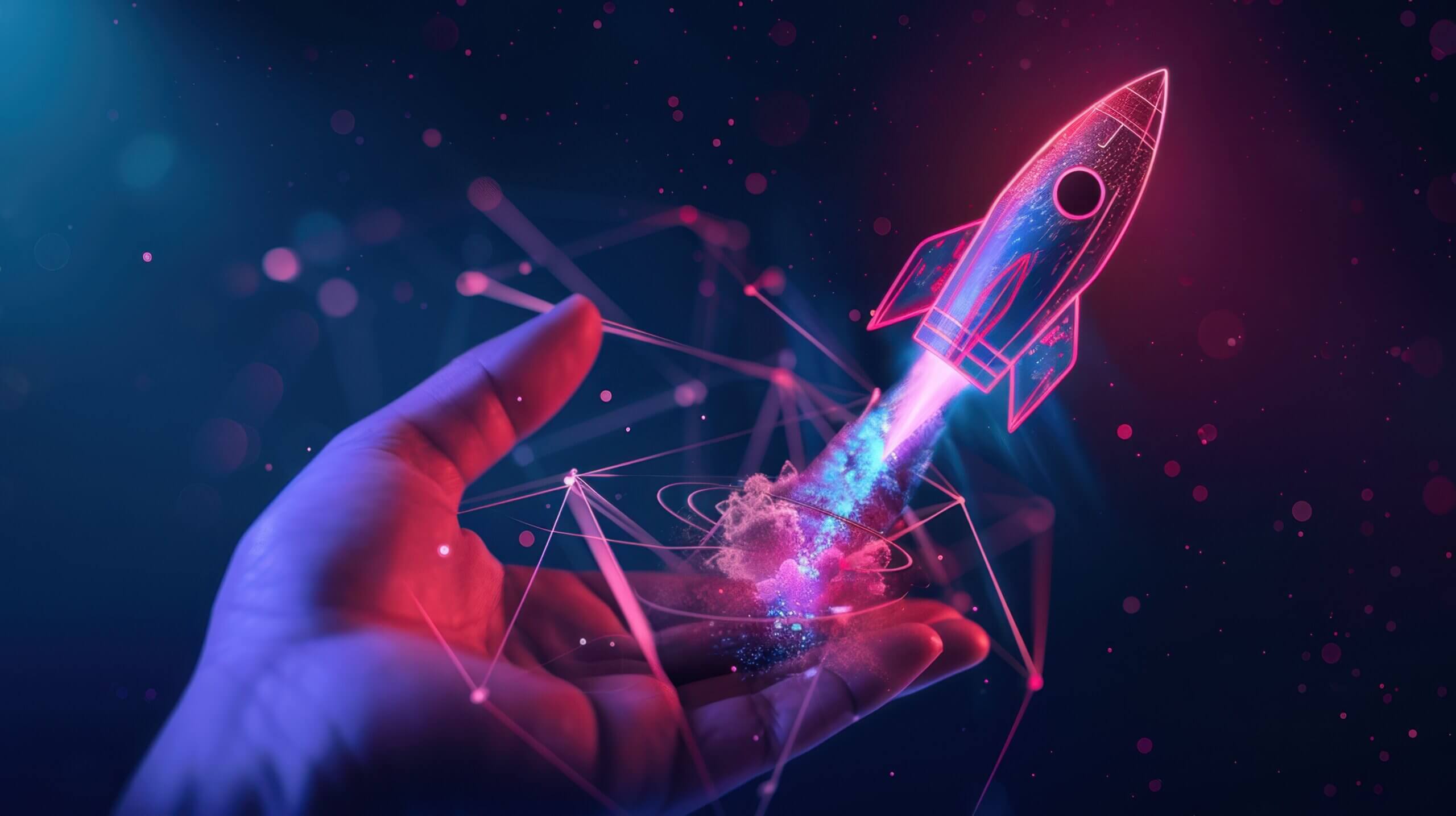 A bright holographic rocket launching from a hand amidst a digital fantasy setting.