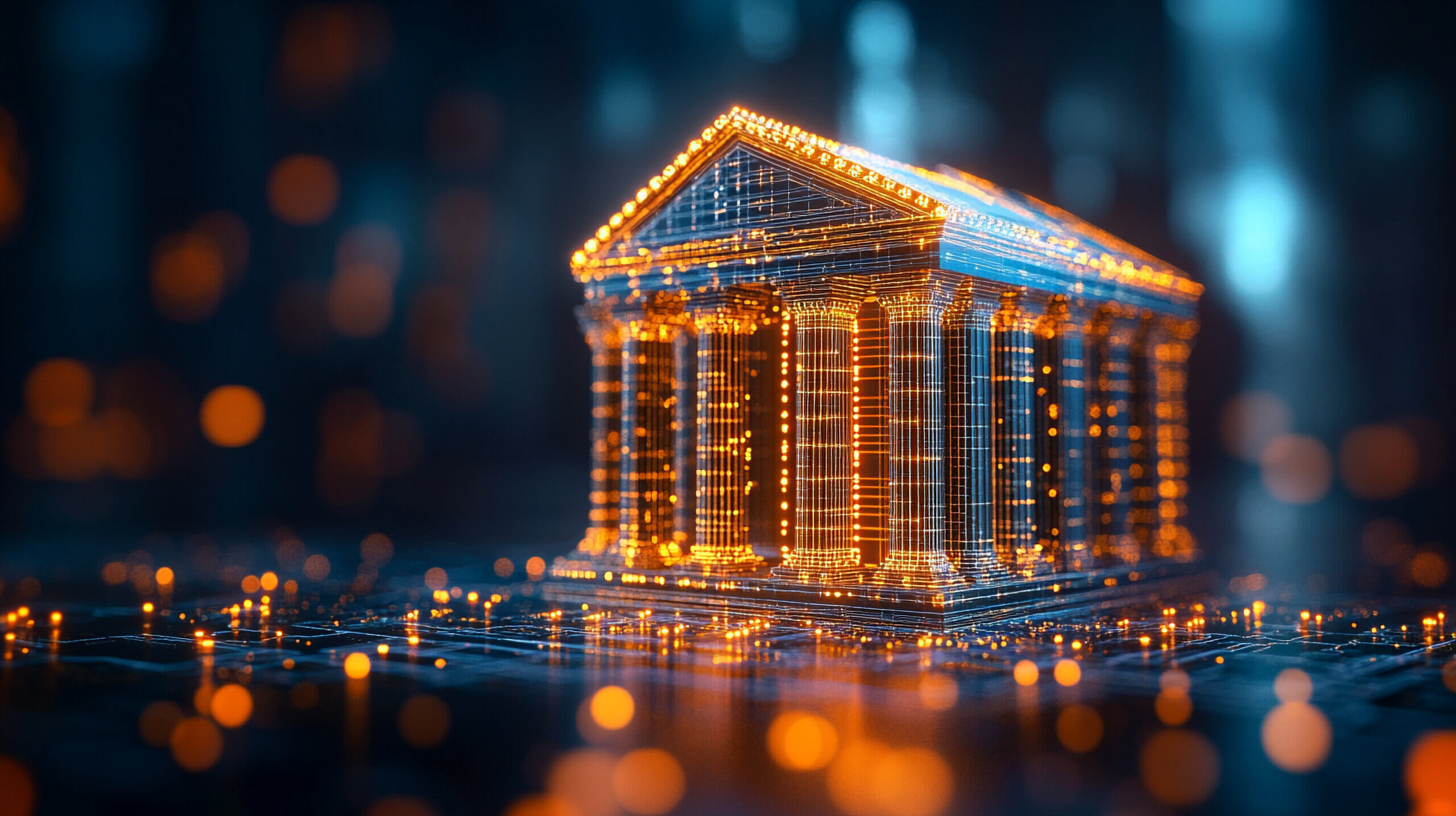 A glowing digital wireframe of a classical bank building with columns, rendered in orange and blue lights, symbolizing modern fintech or digital banking technology. The structure appears on a dark circuit-like surface with scattered illuminated nodes.