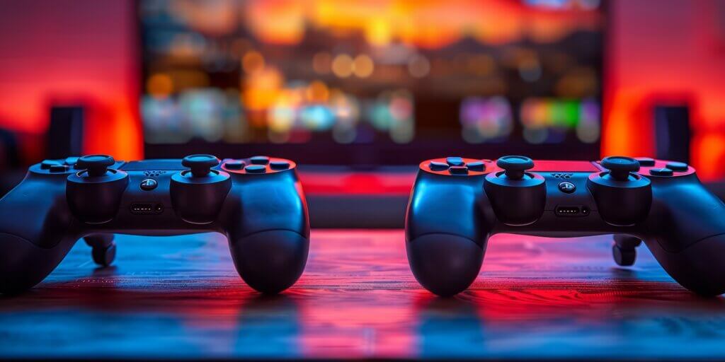 Modern gaming setup with video game console and controllers, highlighting the colorful and immersive entertainment experience of home video gaming