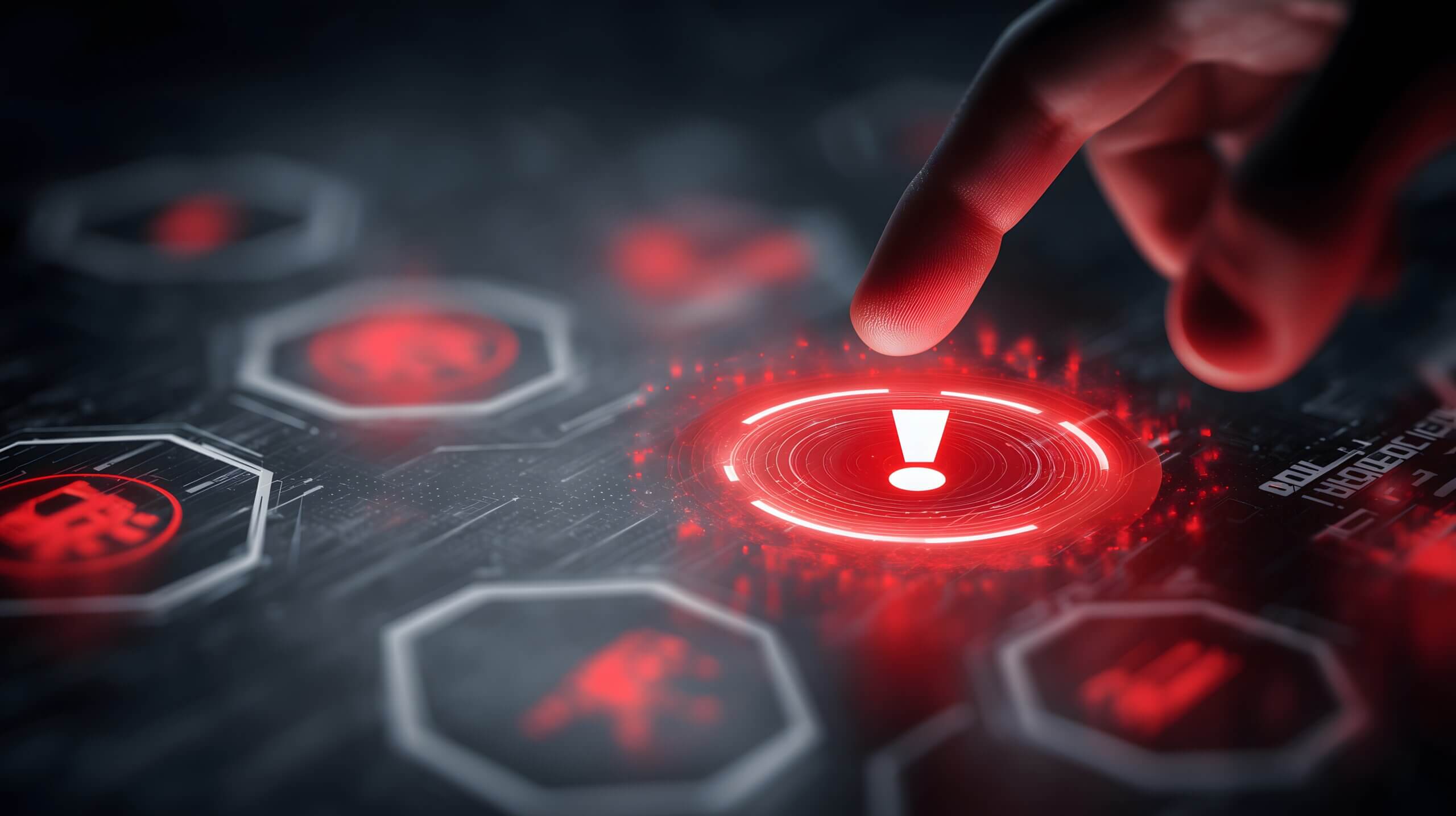 A close-up of a finger pressing a glowing red warning button on a futuristic digital interface, with surrounding hexagonal icons and symbols illuminated in red against a dark, high-tech background.