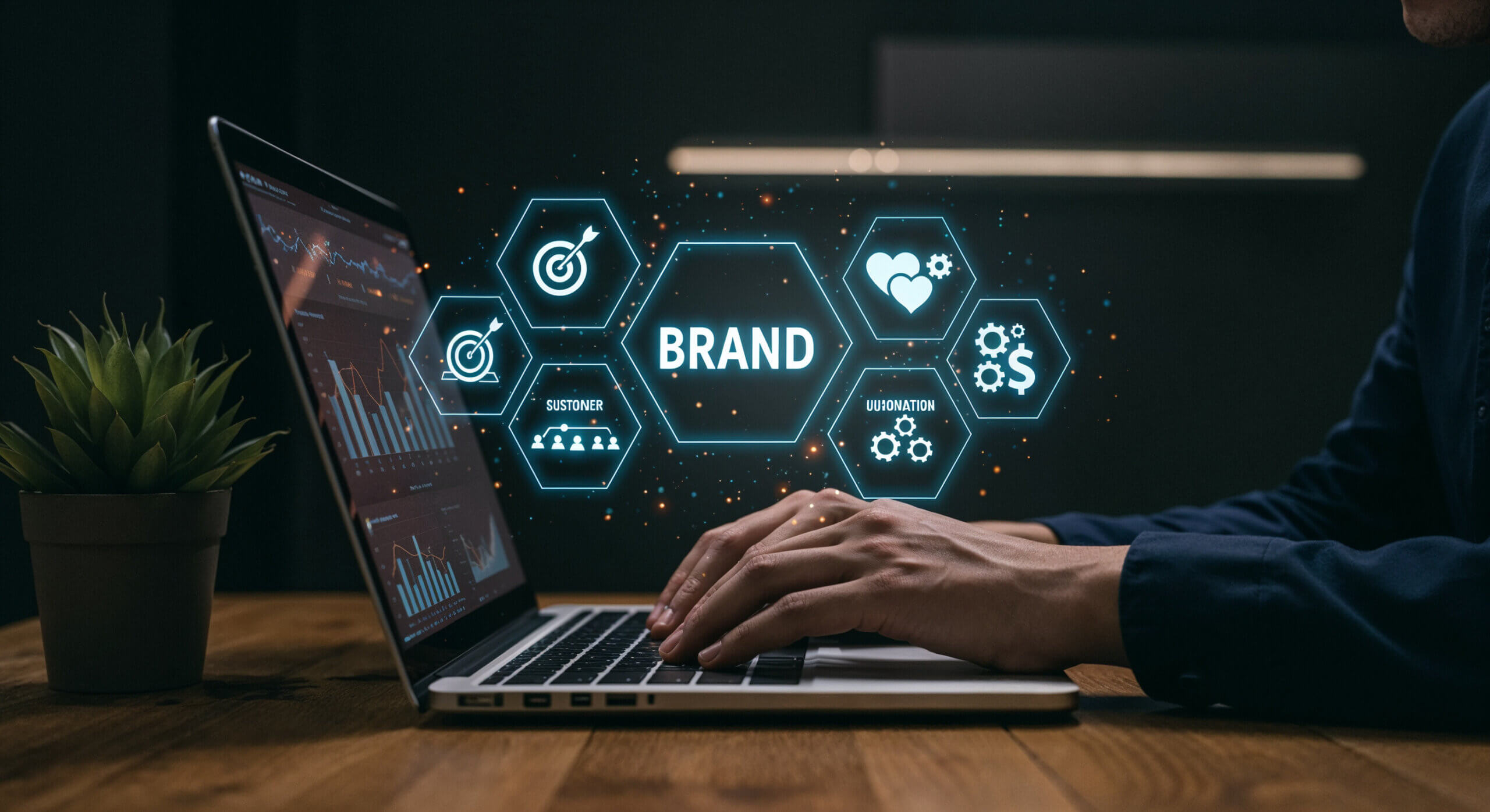 Person typing on laptop with brand strategy icons floating above branding marketing