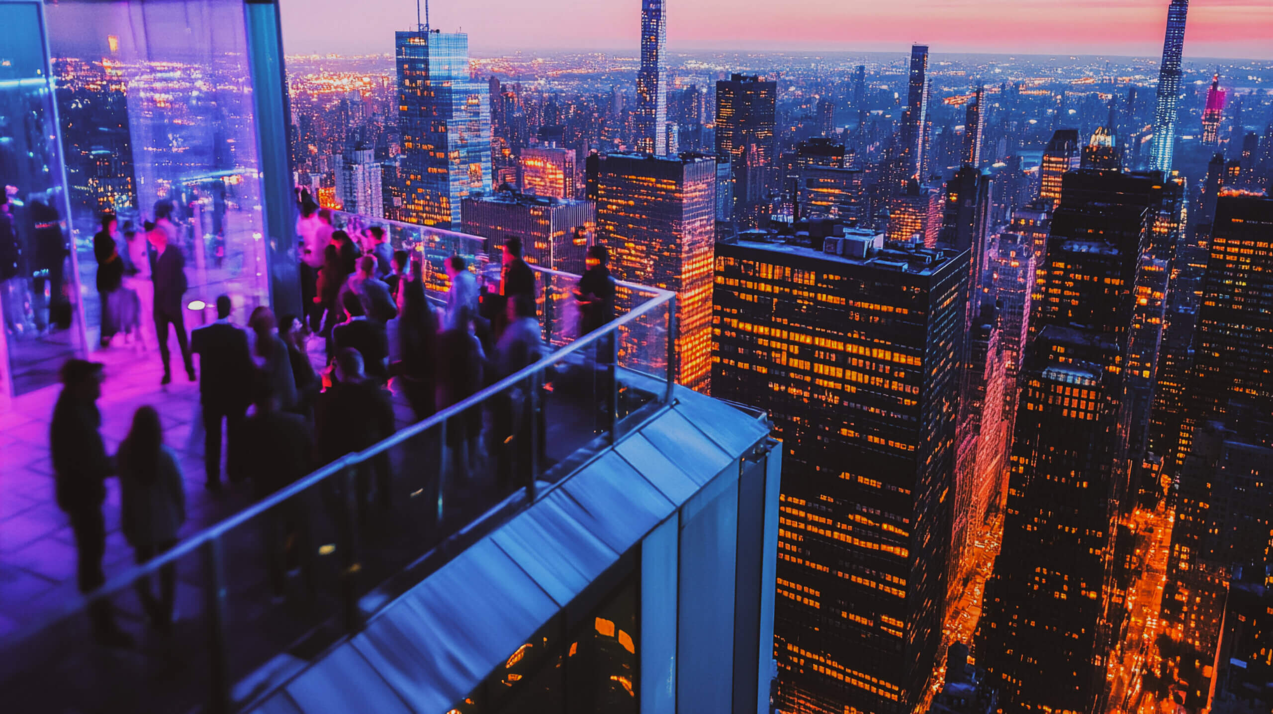 People gathered on the roof, rooftop of a skyscraper in metropolis to celebrate, party aerial view. Big city neon lights. High rise buildings, houses.