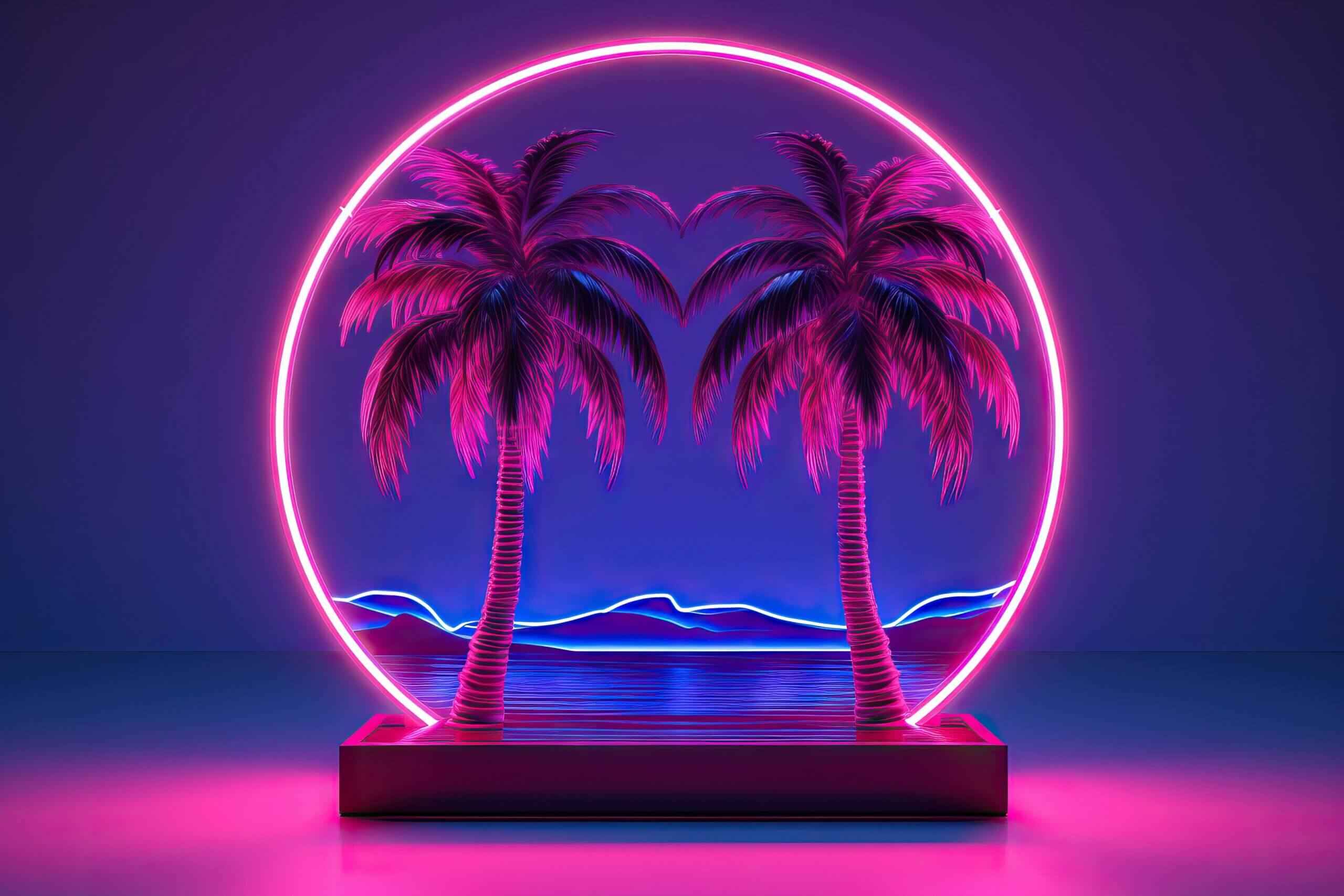 Neon tropical scene with palm trees and sunset. Retro 80s style nightlight or lamp. Synthwave aesthetic. Vaporwave art concept for room decor or party atmosphere.
