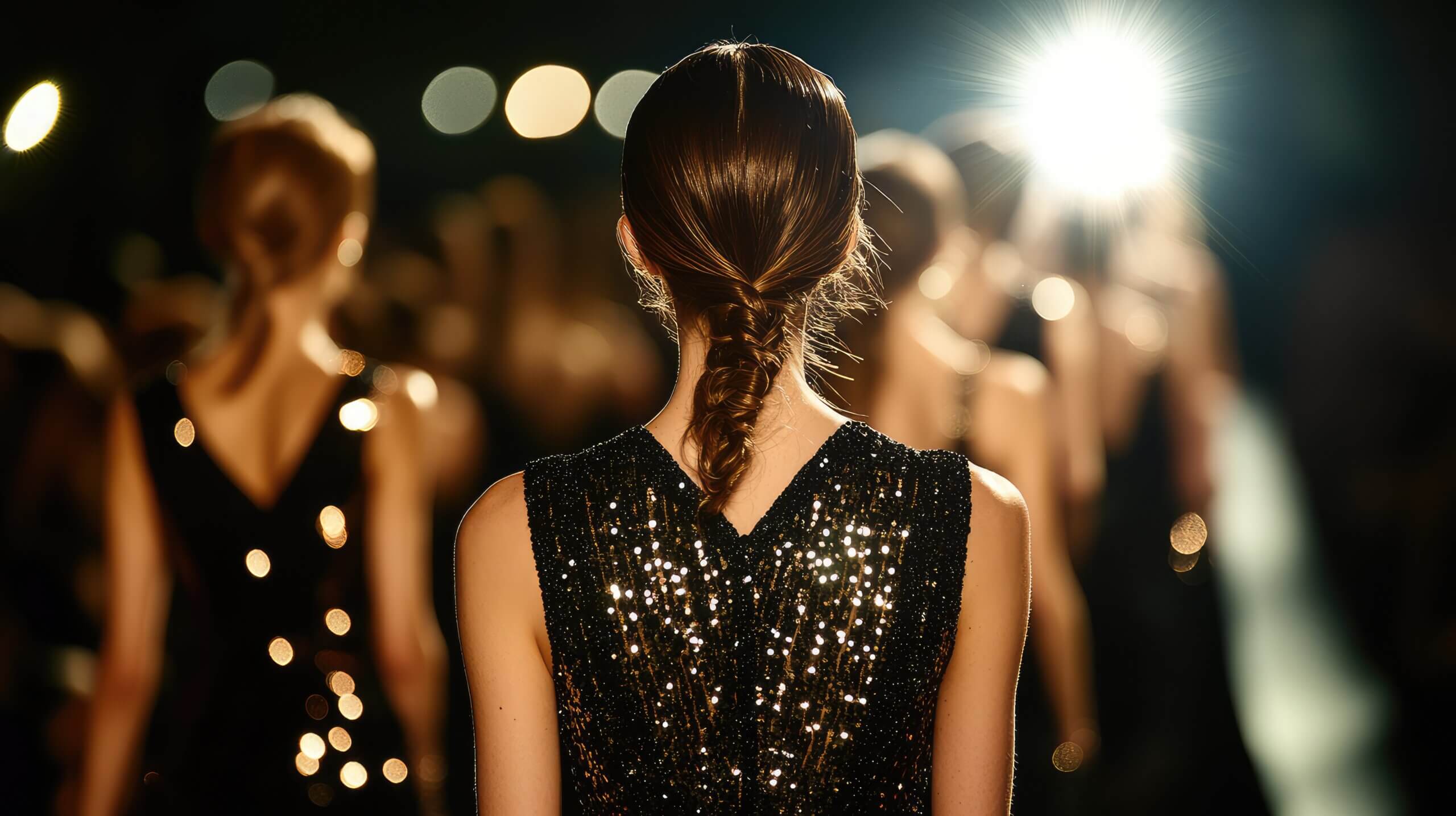 A group of elegant women showcasing fashion at a glamorous event. The models are wearing sparkling dresses, posing at a catwalk with stylish hairstyles, spotlight and lens flare. The atmosphere is chic and sophisticated.