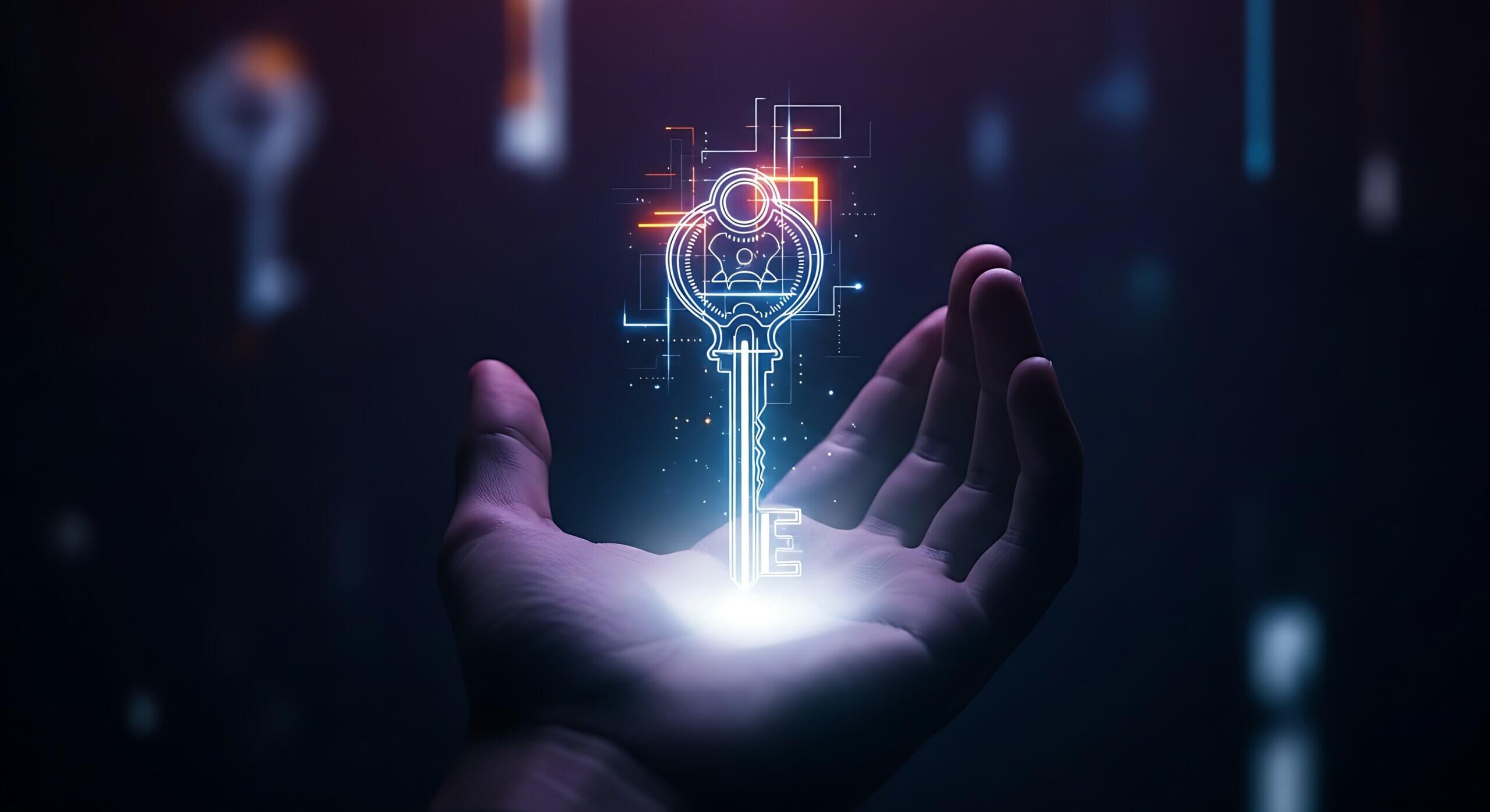 Access key and solution concept. A hand holds a single, ornate holographic key, symbolizing exclusive access, secure login, or a turnkey solution.