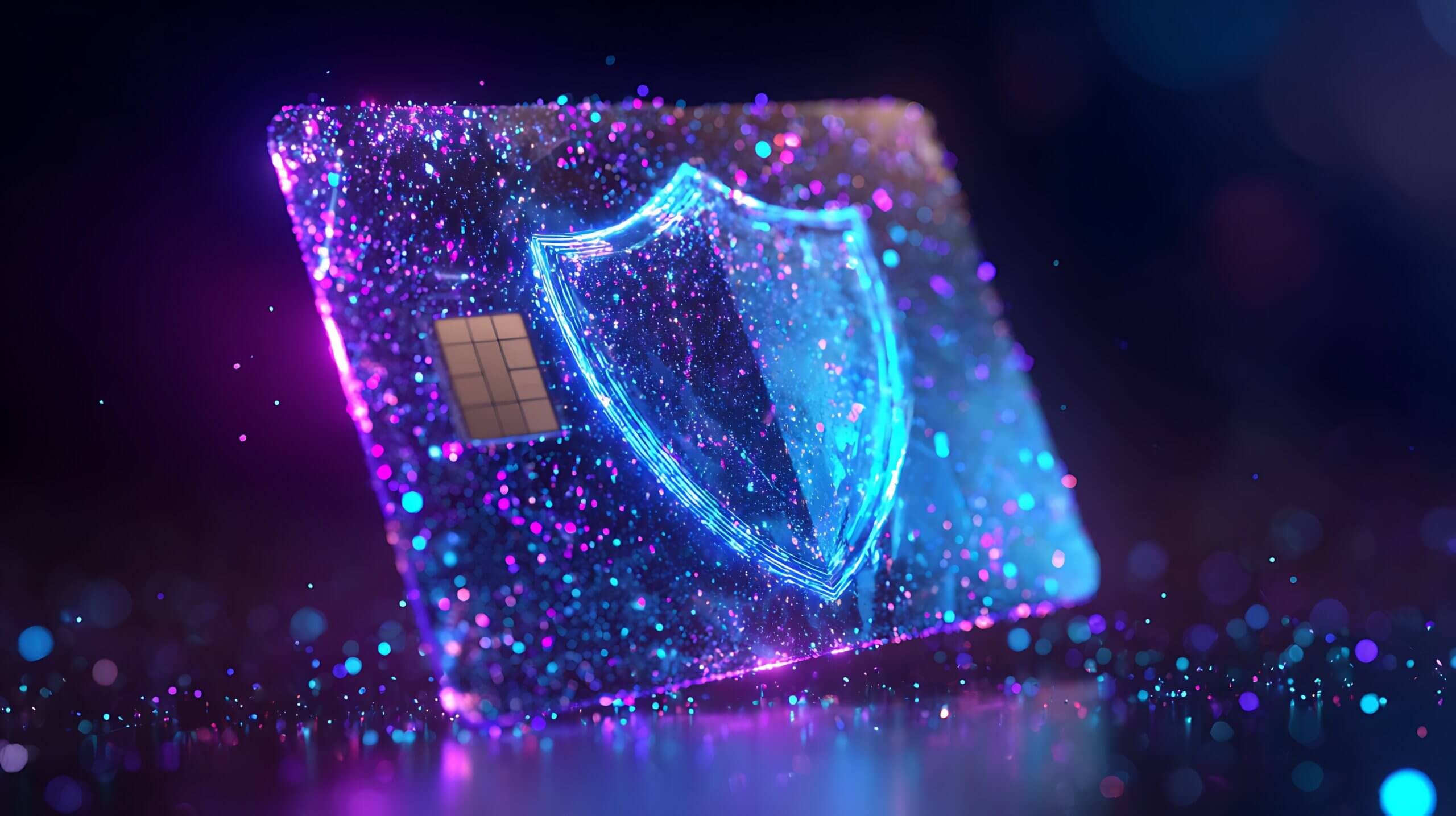 credit card protected by digital shield, cyber security concept, holographic particles, glowing blue and purple light, futuristic fintech protection