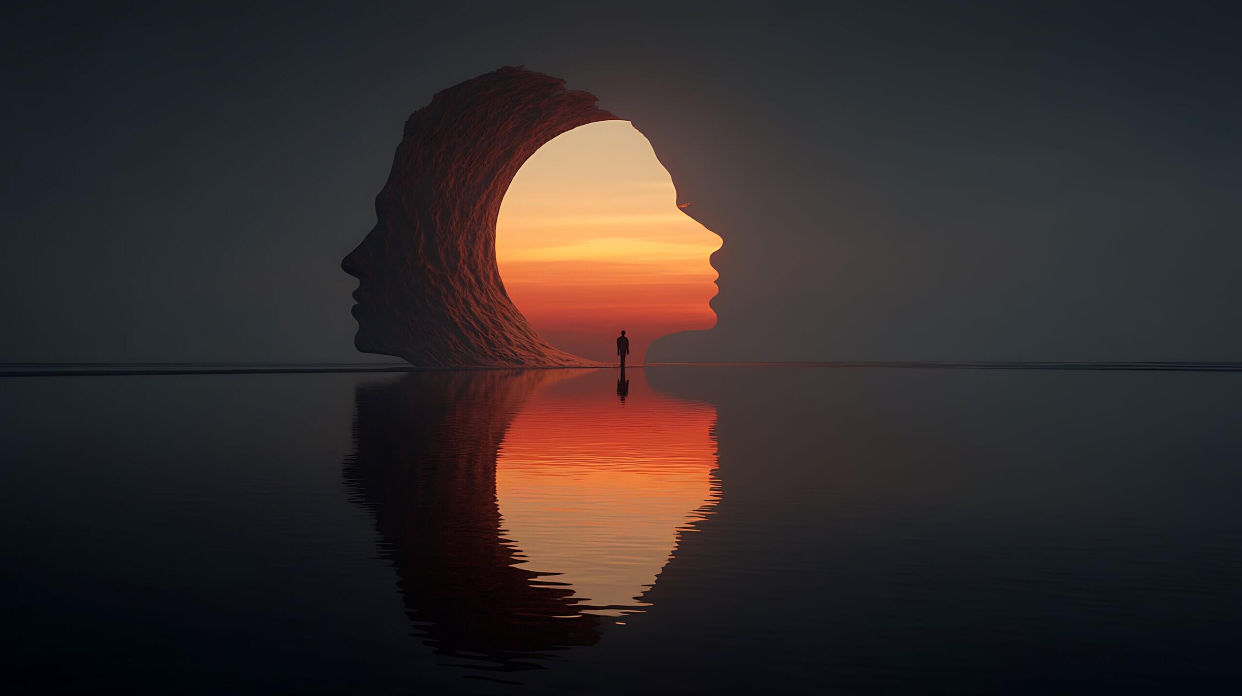 surreal landscape merging human silhouette, one side under eclipse shadow and other in bright sunrise, balance between fear and hope, conceptual fine art, v7