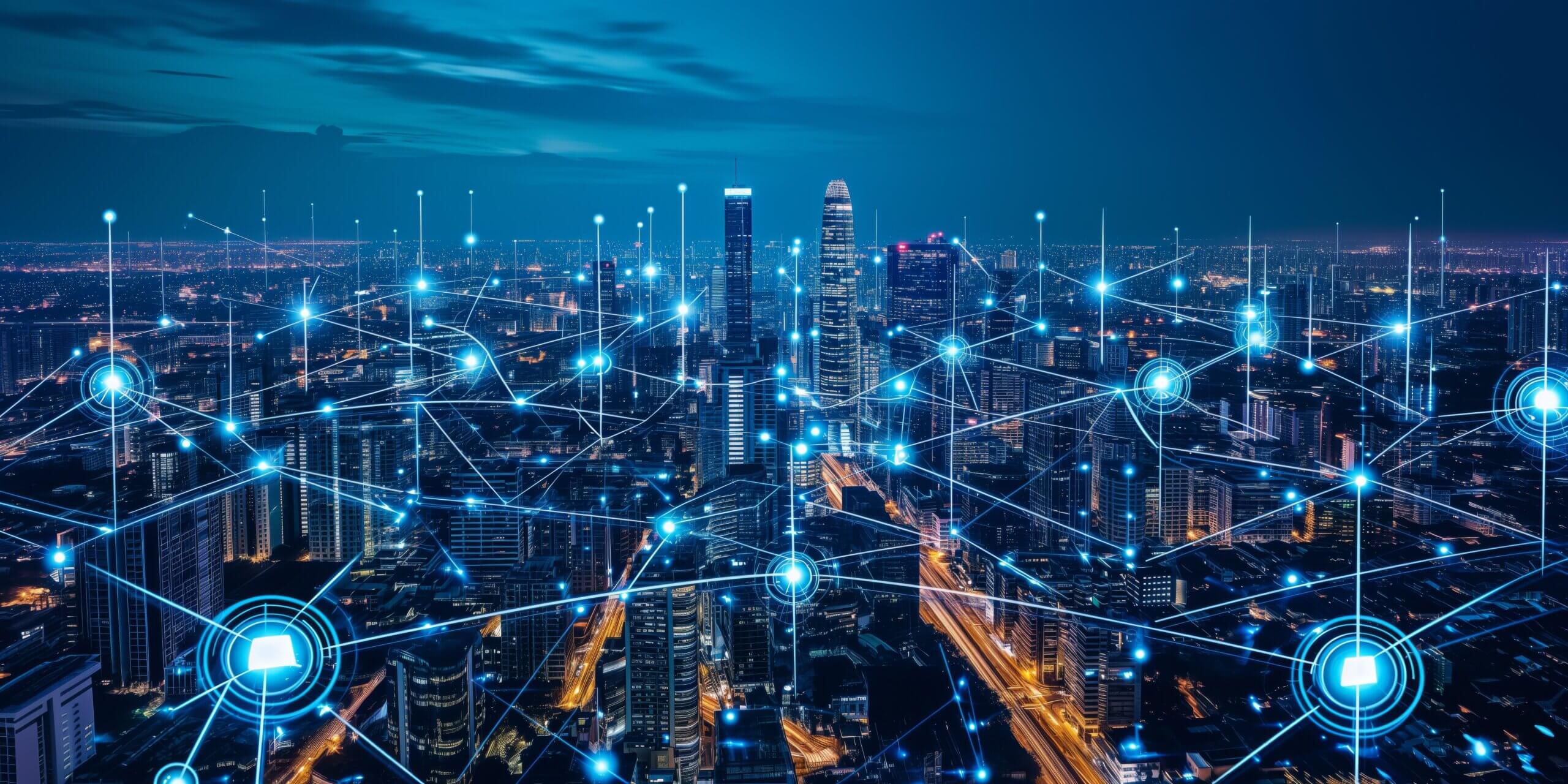Modern city landscape showing dots and line representing high-speed internet, cloud data storage, computing, global market, global network - Generative AI