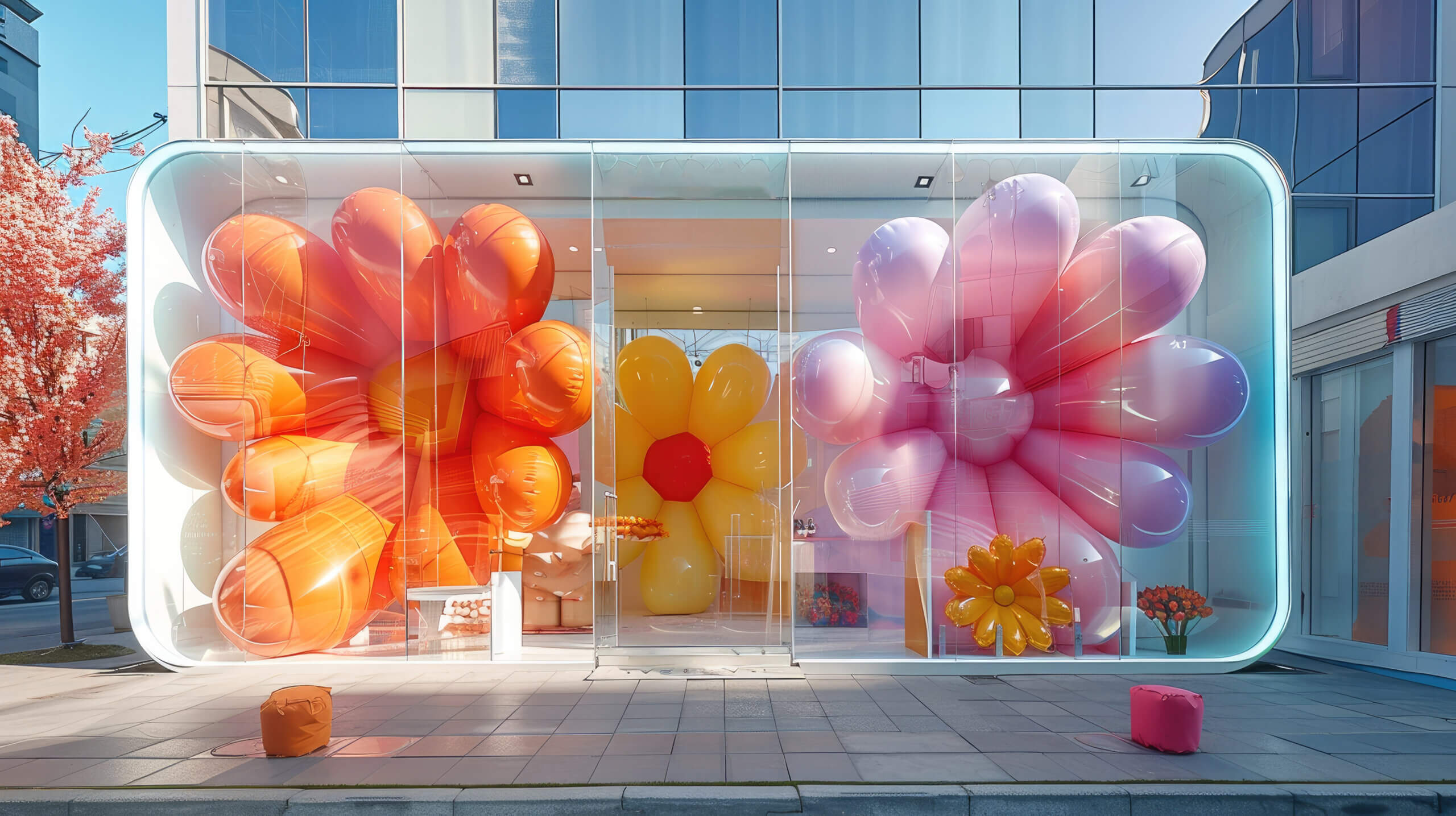 Front view of a pop up store with transparent glass, big colorful inflatable flowers inside.